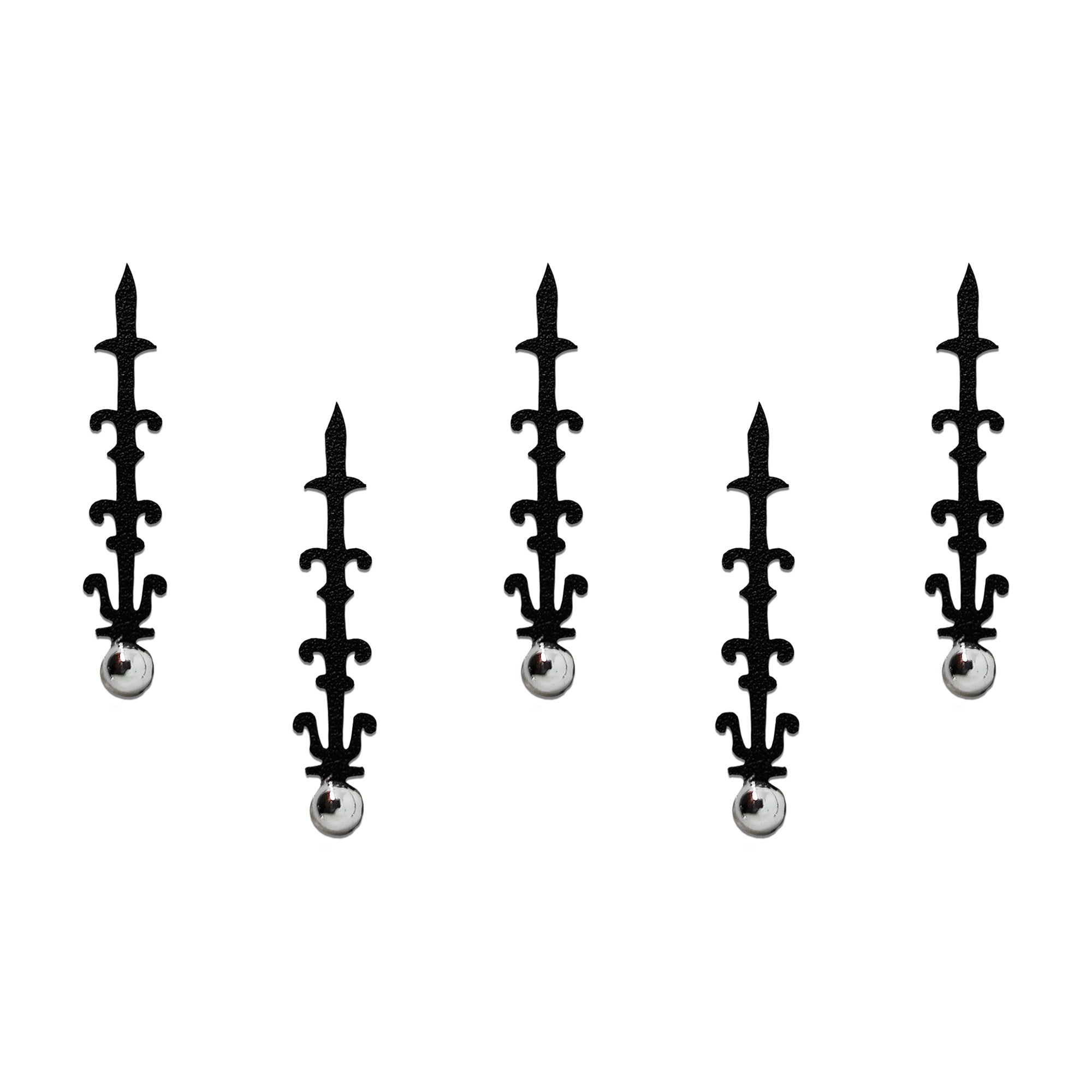 Comet Busters black spear designer bindi with silver stone featuring an elegant vertical forehead design for women and girls.