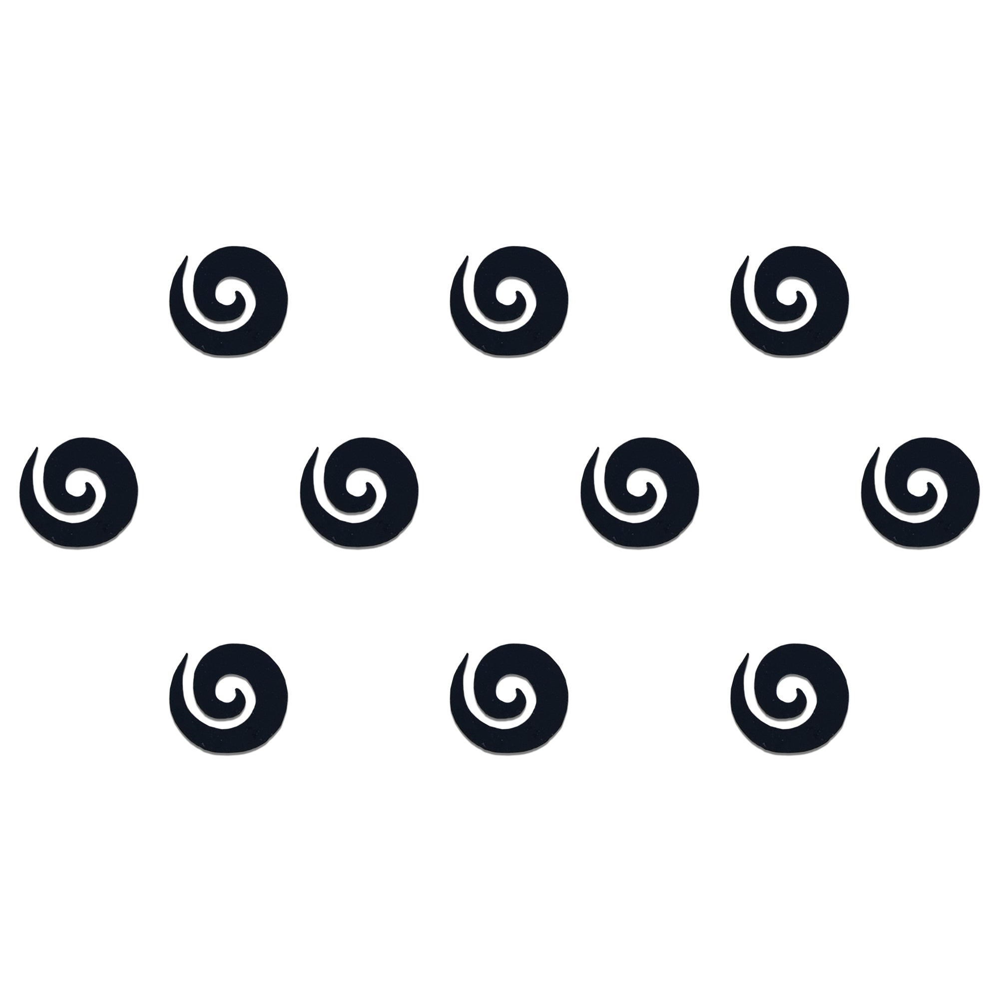 Comet Busters black spiral swirl-shaped velvet bindis featuring a minimalist abstract circular design, ideal for ethnic, festive, fusion, casual, and traditional wear for women and girls.