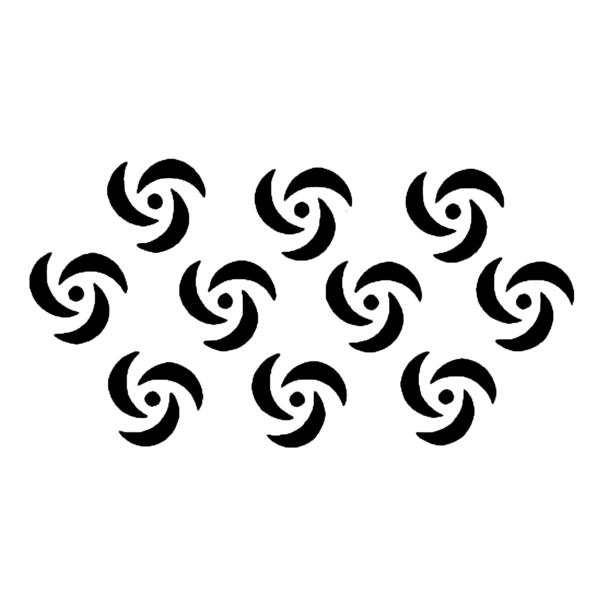 Comet Busters black spiral swirl designer bindi sheet featuring 10 circular swirl bindis with three curved crescent elements and a central dot, inspired by traditional tribal and geometric motifs, ideal for festive occasions, cultural events, dance performances, and everyday ethnic wear.