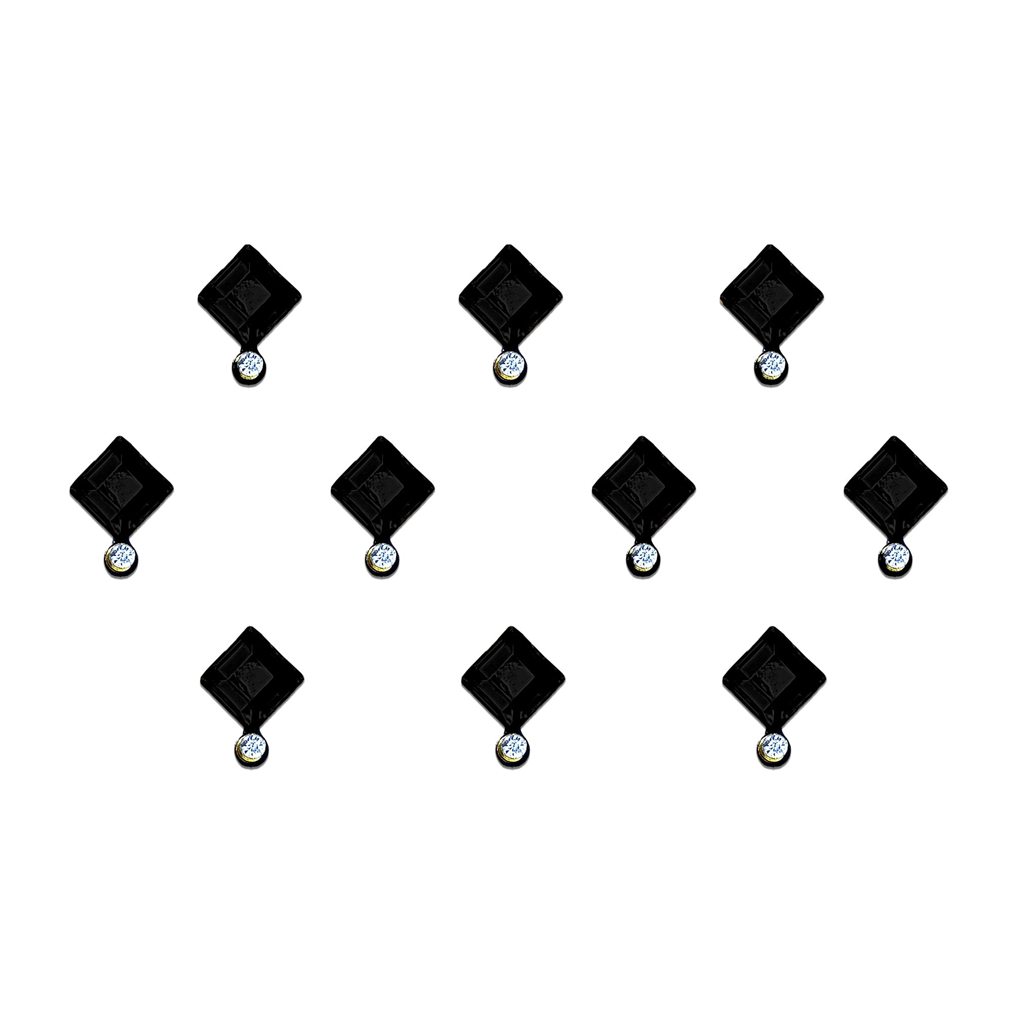Comet Busters black diamond-shaped designer bindi with a sparkling crystal drop, self-adhesive geometric forehead sticker for women and girls, ideal for weddings, festive celebrations, parties, ethnic wear, contemporary fashion, and special occasions.