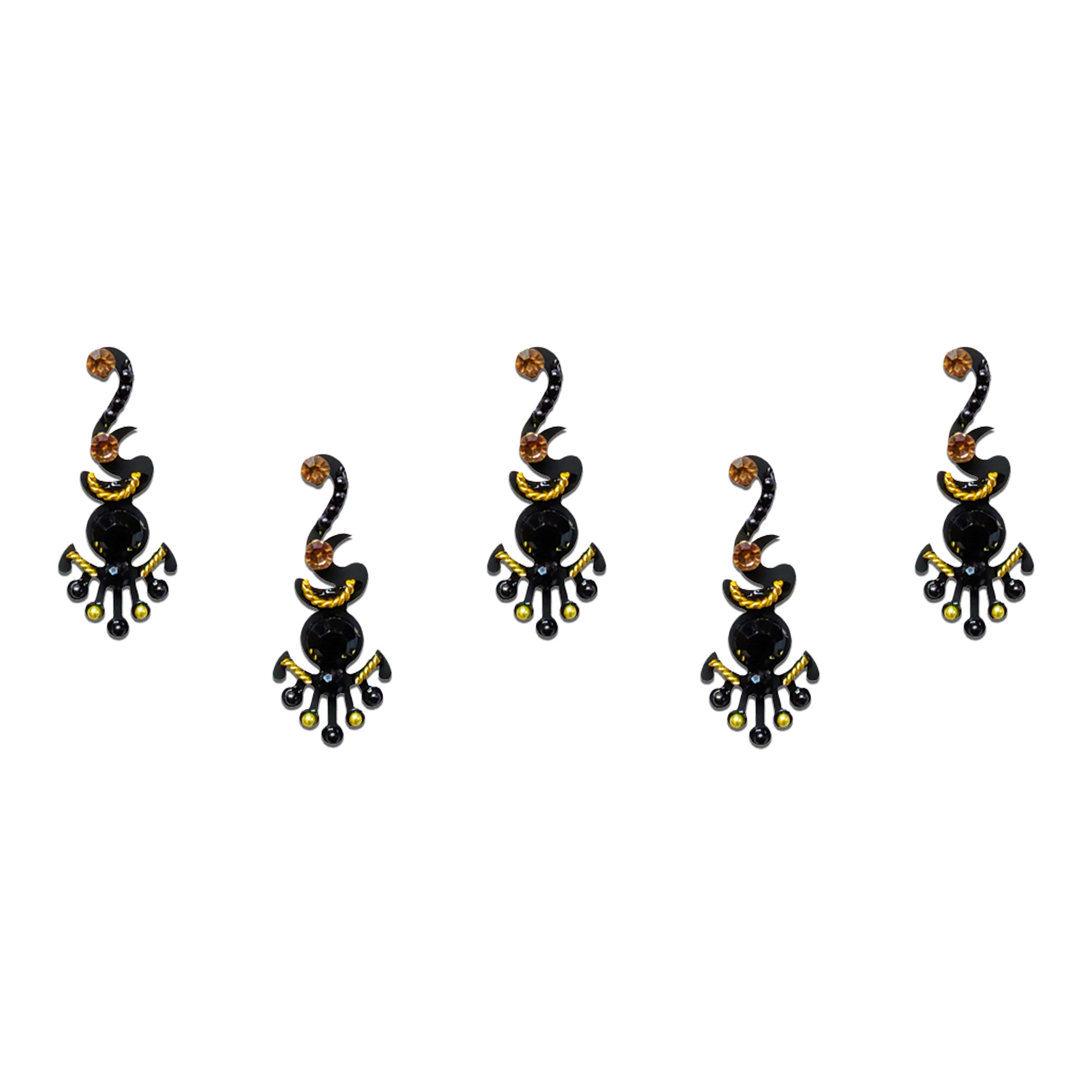 Comet Busters Black Stone Designer Bindi for Women and Girls, elegant paisley-inspired black designer bindi featuring sparkling amber stones, golden accents and decorative drop detailing, reusable forehead accessory for festive, party, wedding and traditional ethnic wear.