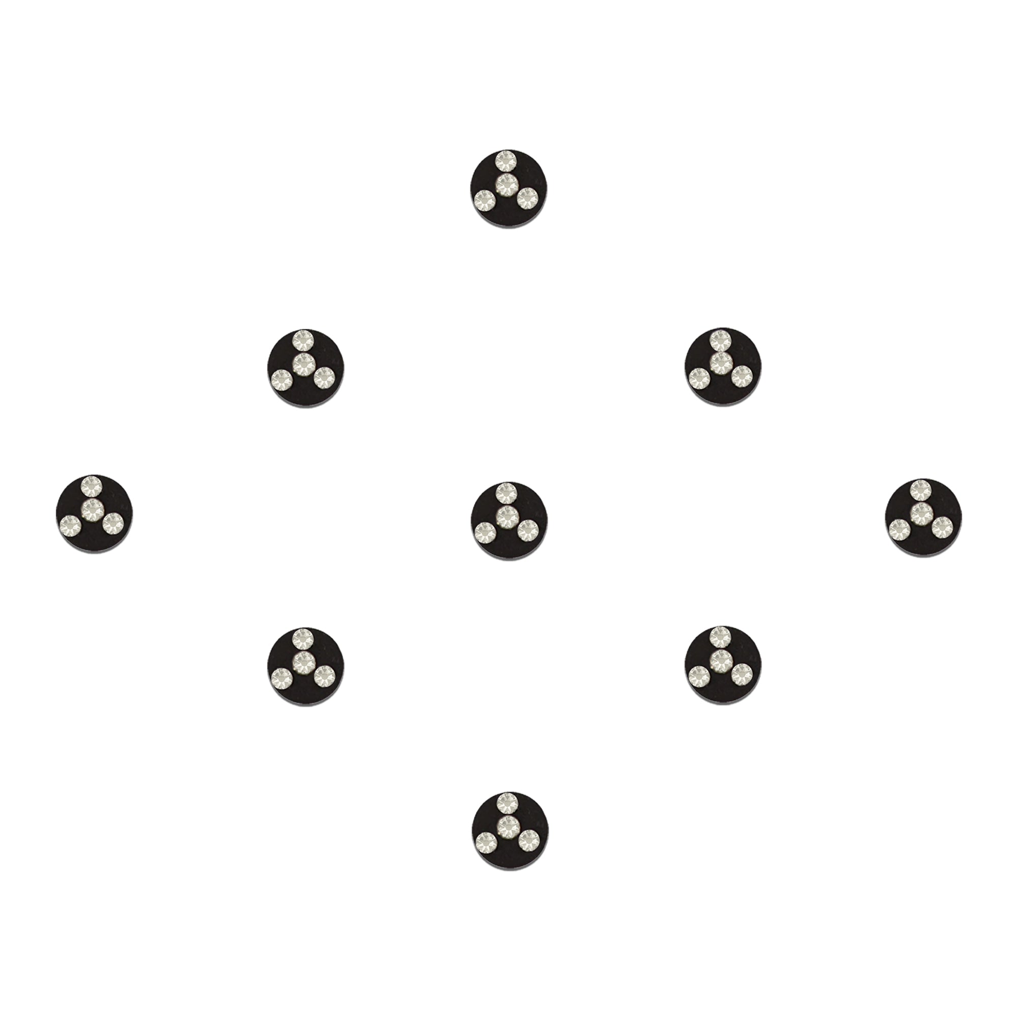 Comet Busters black round designer bindis featuring four sparkling white crystal stones arranged in a floral pattern on a classic circular base for traditional and party wear styling.