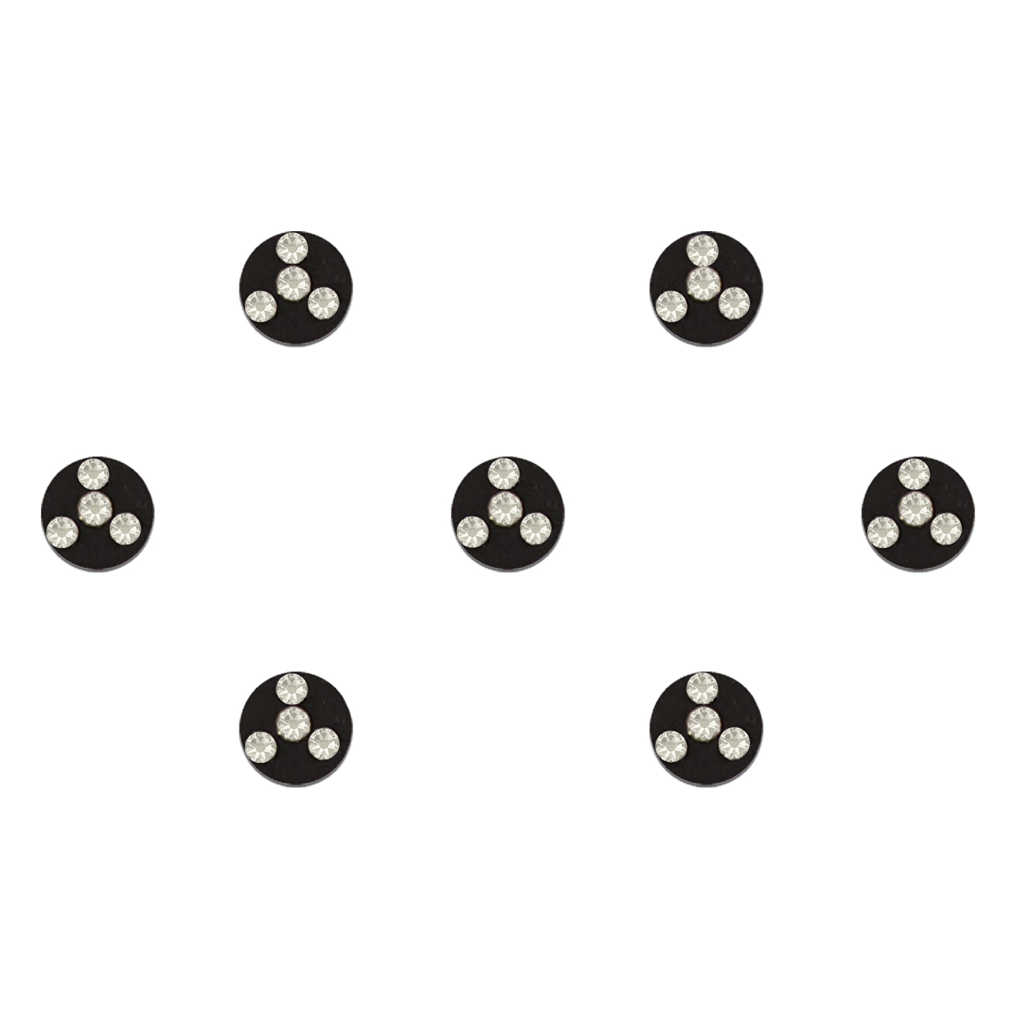 Comet Busters black round designer bindis featuring four sparkling white crystal stones arranged in a floral pattern on a classic circular base for traditional and party wear styling.