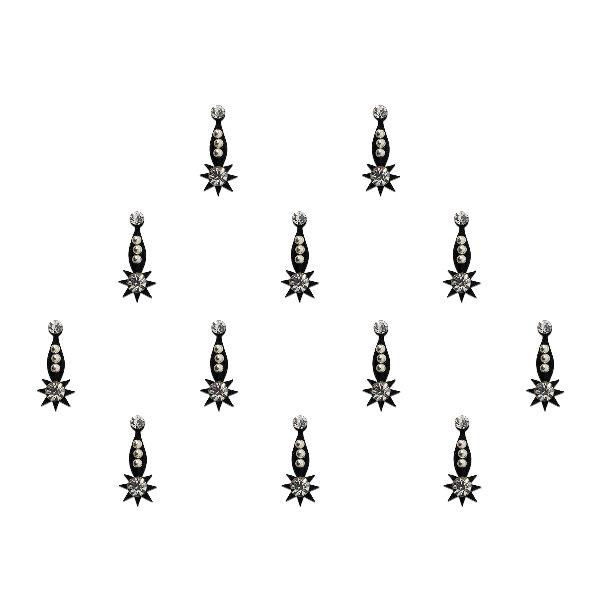Black designer bindi featuring a crystal stone center, pearl accents, and starburst floral detailing for festive and ethnic wear.