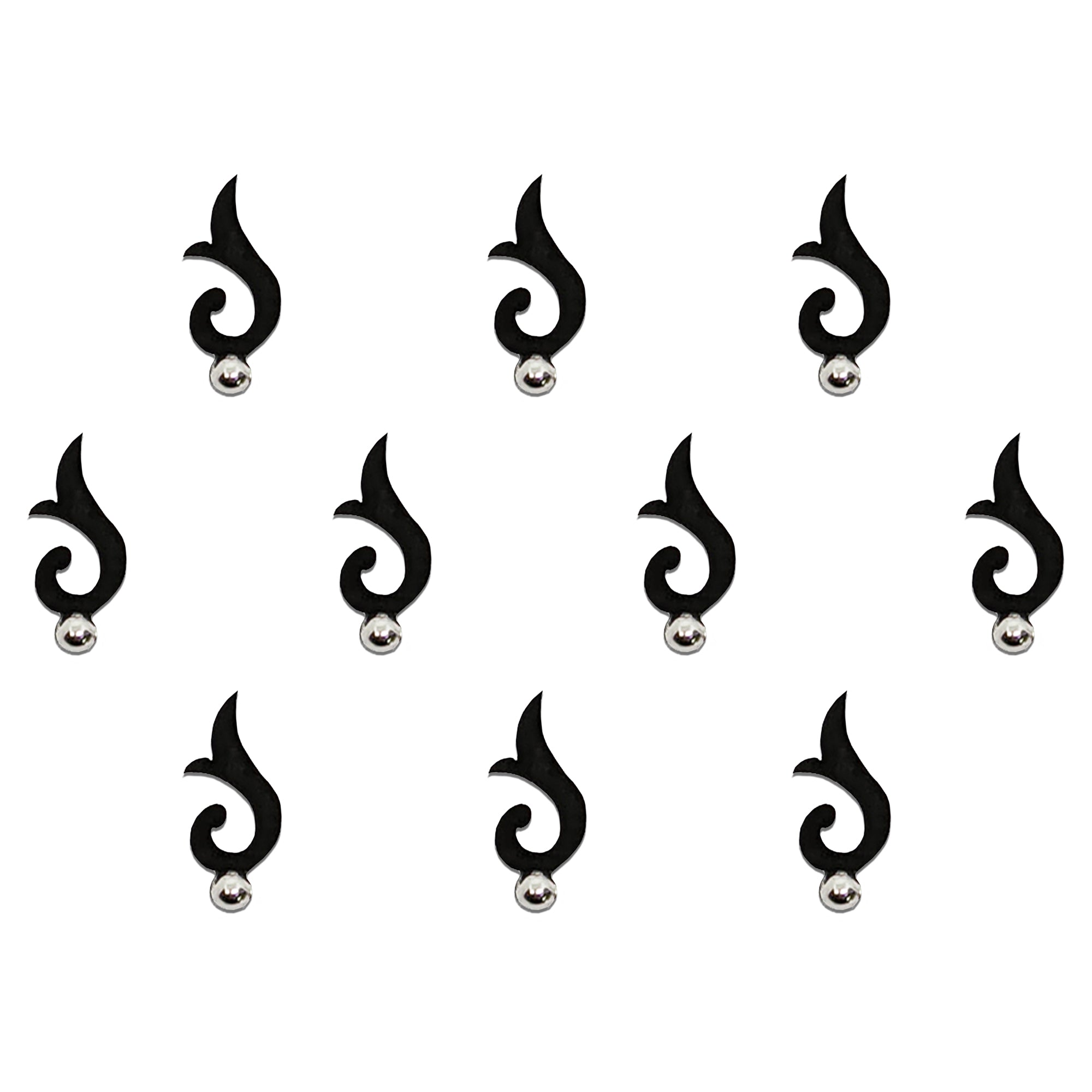 Comet Busters premium black paisley swirl designer bindis with silver stone accents, elegant peel and stick fancy bindis for saree, lehenga, bridal, festive and traditional ethnic fashion looks.
