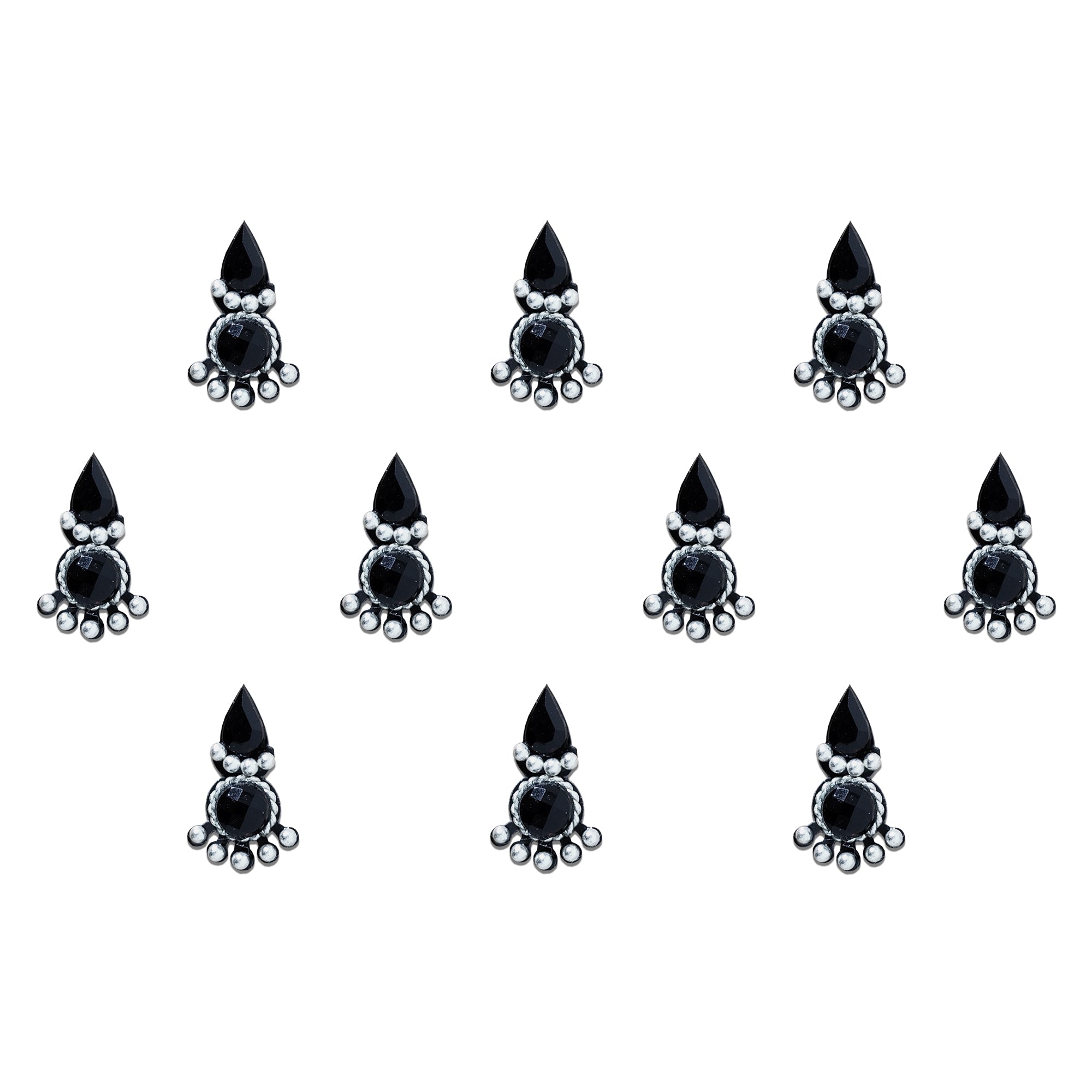 Comet Busters black teardrop crystal designer bindi sheet featuring 10 elegant bindis with black teardrop and round faceted crystal stones, silver bead detailing, and a traditional floral-inspired design, reusable forehead bindis for women and girls, perfect for weddings, festivals, parties, and ethnic wear.