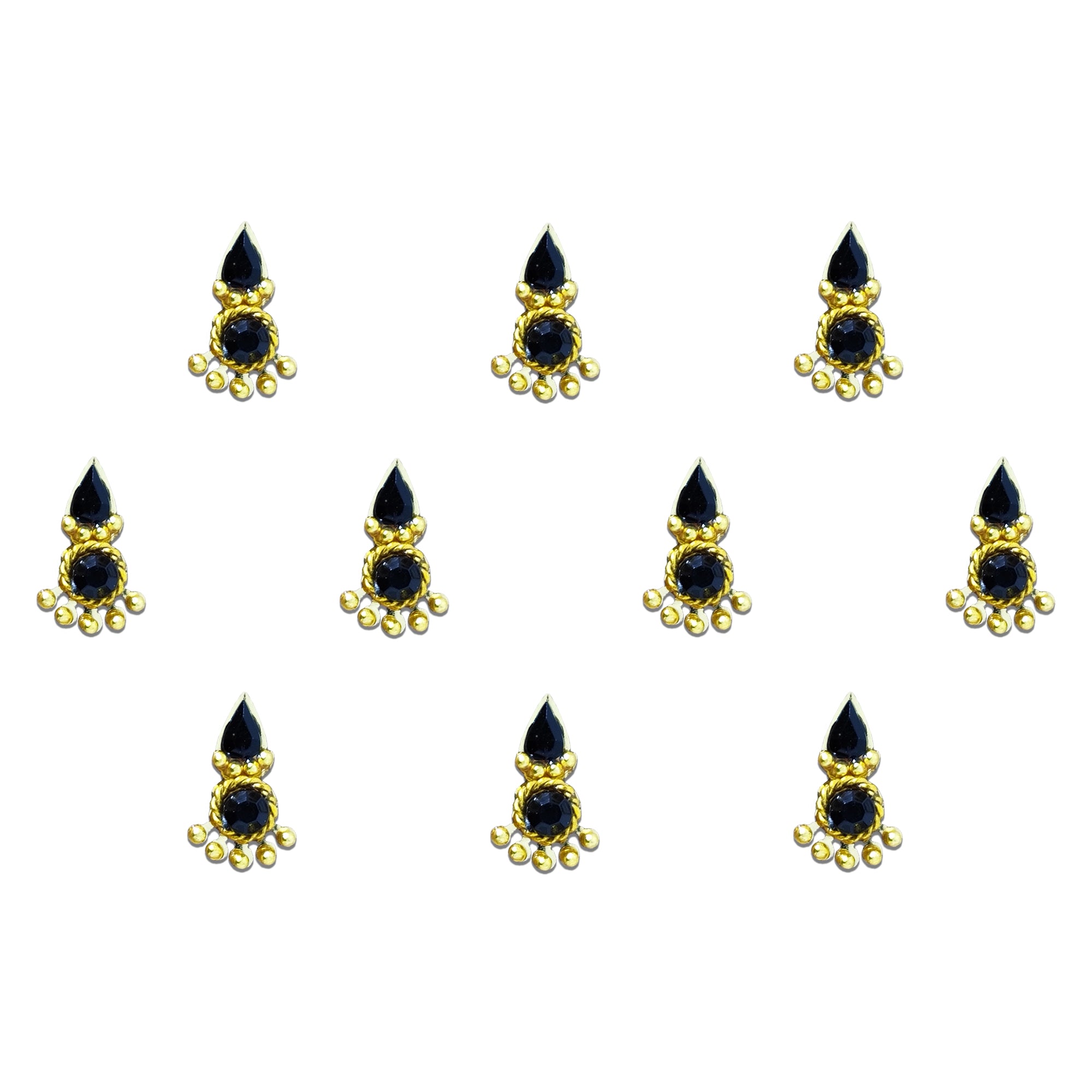 Comet Busters black teardrop designer bindi sheet featuring 10 elegant bindis with black teardrop and round crystal stones, gold bead detailing, and a traditional floral-inspired design, reusable forehead bindis for women and girls, perfect for weddings, festivals, parties, and ethnic wear.
