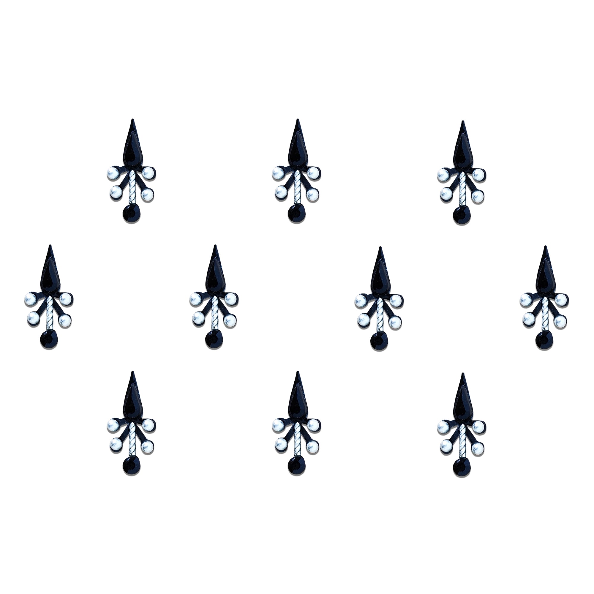 Comet Busters black teardrop designer bindi sheet featuring 10 elegant bindis with glossy black teardrop accents, white pearl detailing, and a graceful traditional design, reusable forehead bindis for women and girls, ideal for weddings, festive occasions, parties, and ethnic wear.