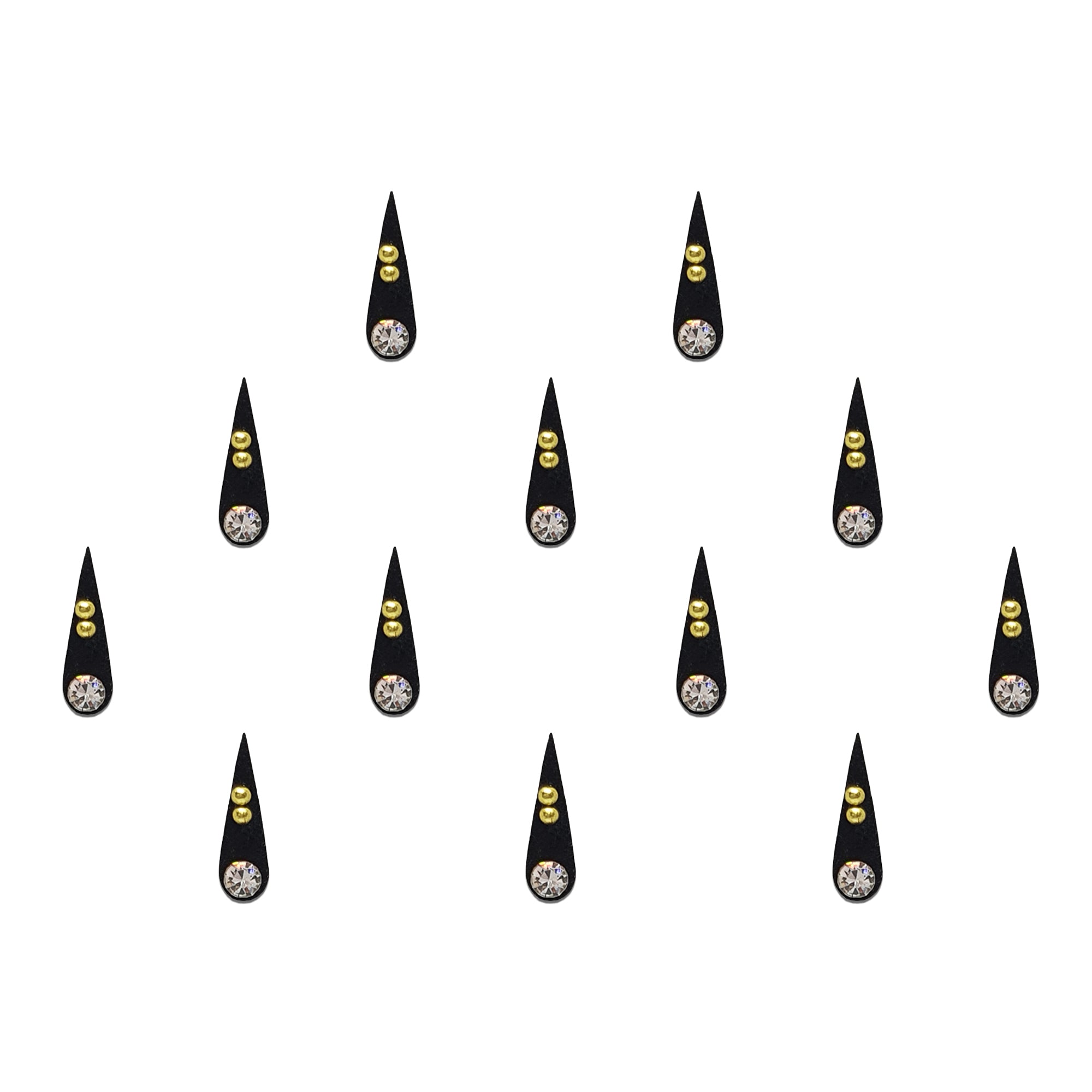 Comet Busters Black teardrop-shaped designer bindis featuring a sparkling white crystal stone at the base and two small golden embellishments on top. Elegant traditional forehead stickers suitable for festive wear, ethnic outfits, weddings, and cultural occasions.