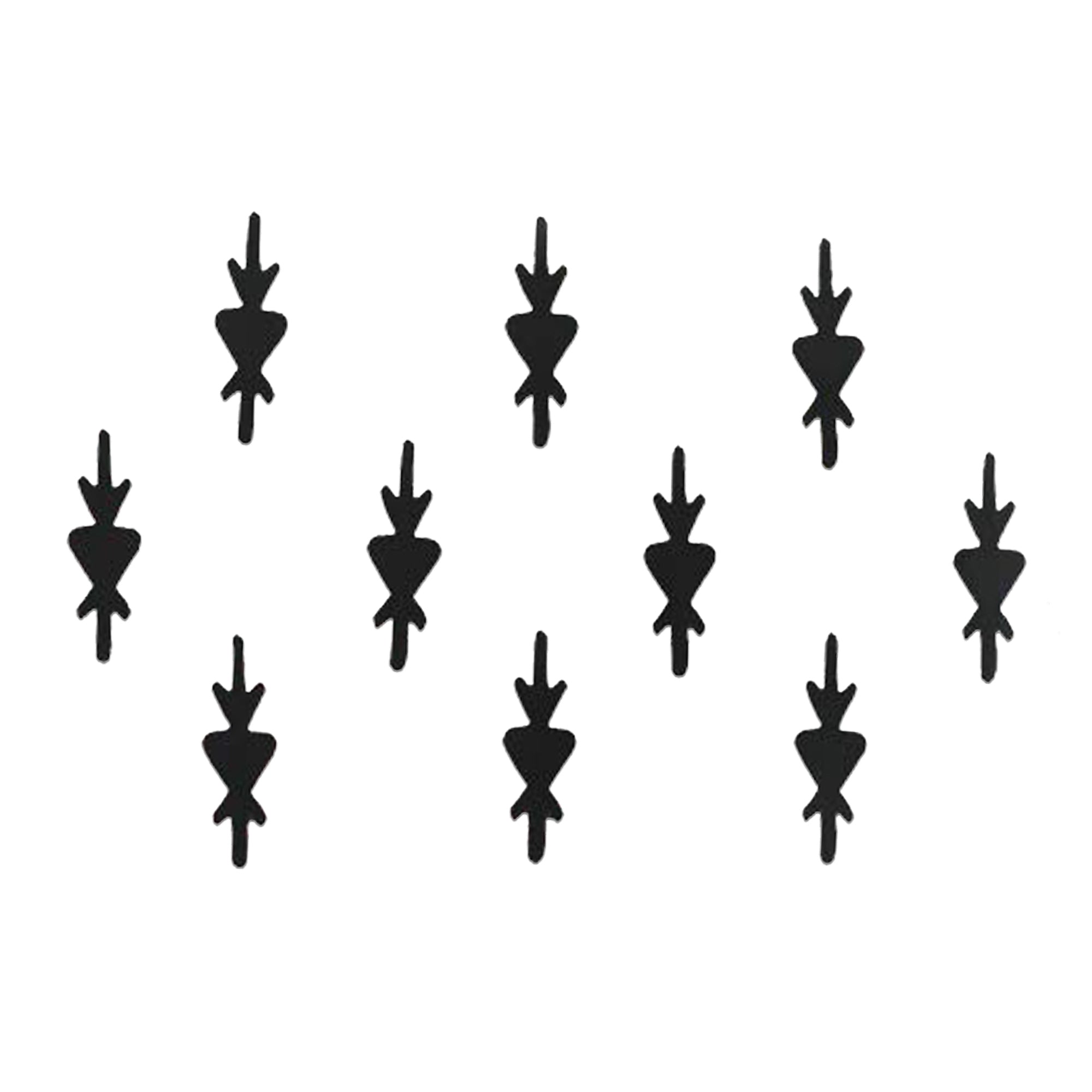Comet Busters black tribal arrow designer bindi sheet featuring 10 minimalist vertical arrow-shaped bindis with geometric detailing, ideal for traditional wear, festive celebrations, cultural events, dance performances, and contemporary ethnic styling.