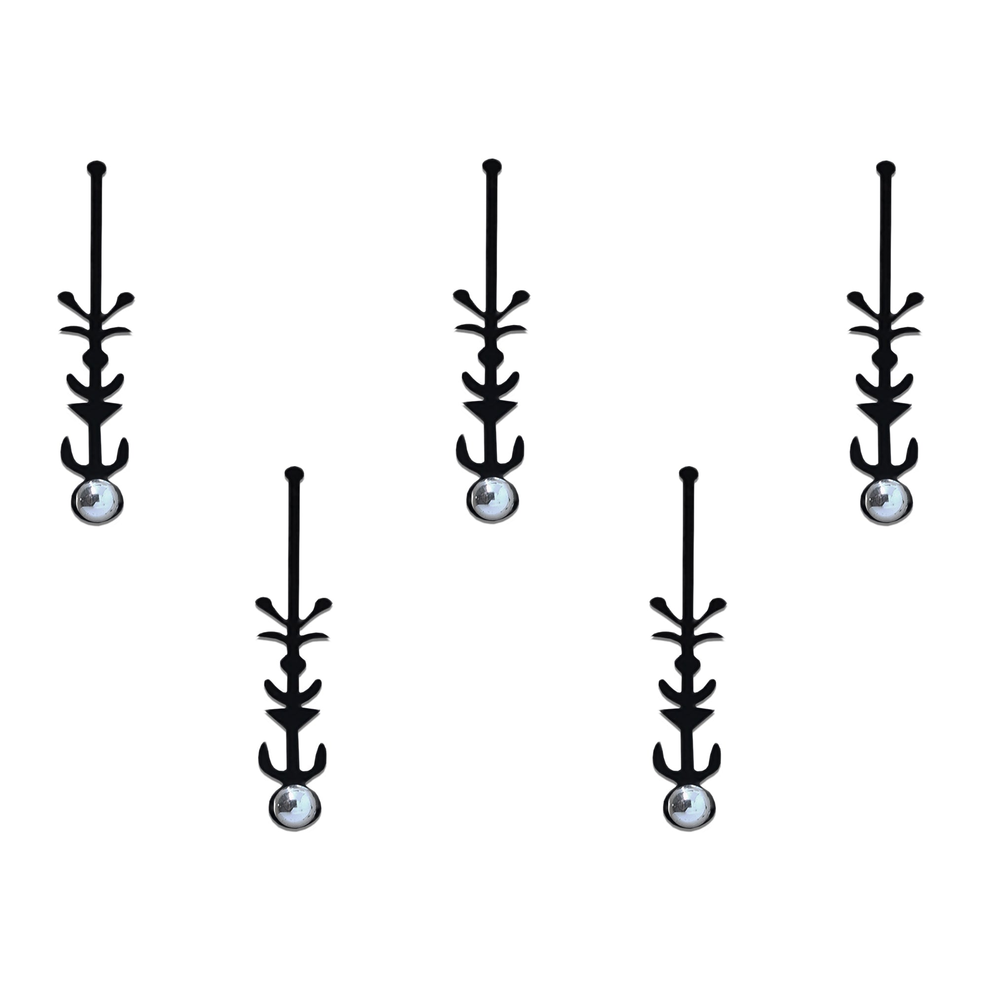 Comet Busters black tribal arrow designer bindi sheet featuring 5 elongated geometric bindis with a silver stone accent. Reusable self-adhesive designer bindis for women and girls, ideal for festive wear, ethnic outfits, cultural events, weddings, parties, and everyday traditional styling.