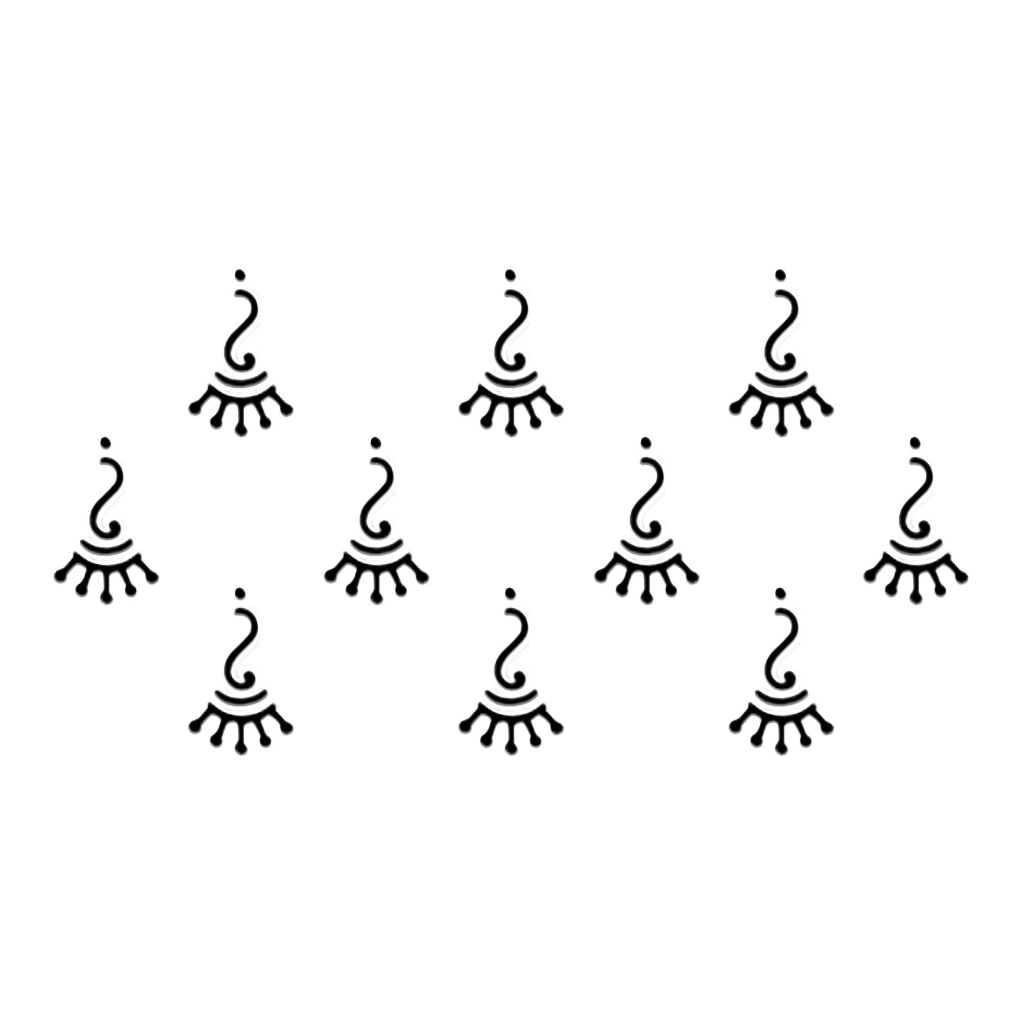 Comet Busters black tribal curved designer bindi sheet featuring 10 artistic swirl bindis with decorative fan-shaped base, inspired by traditional ethnic motifs, ideal for festive occasions, cultural events, dance performances, and everyday ethnic wear.
