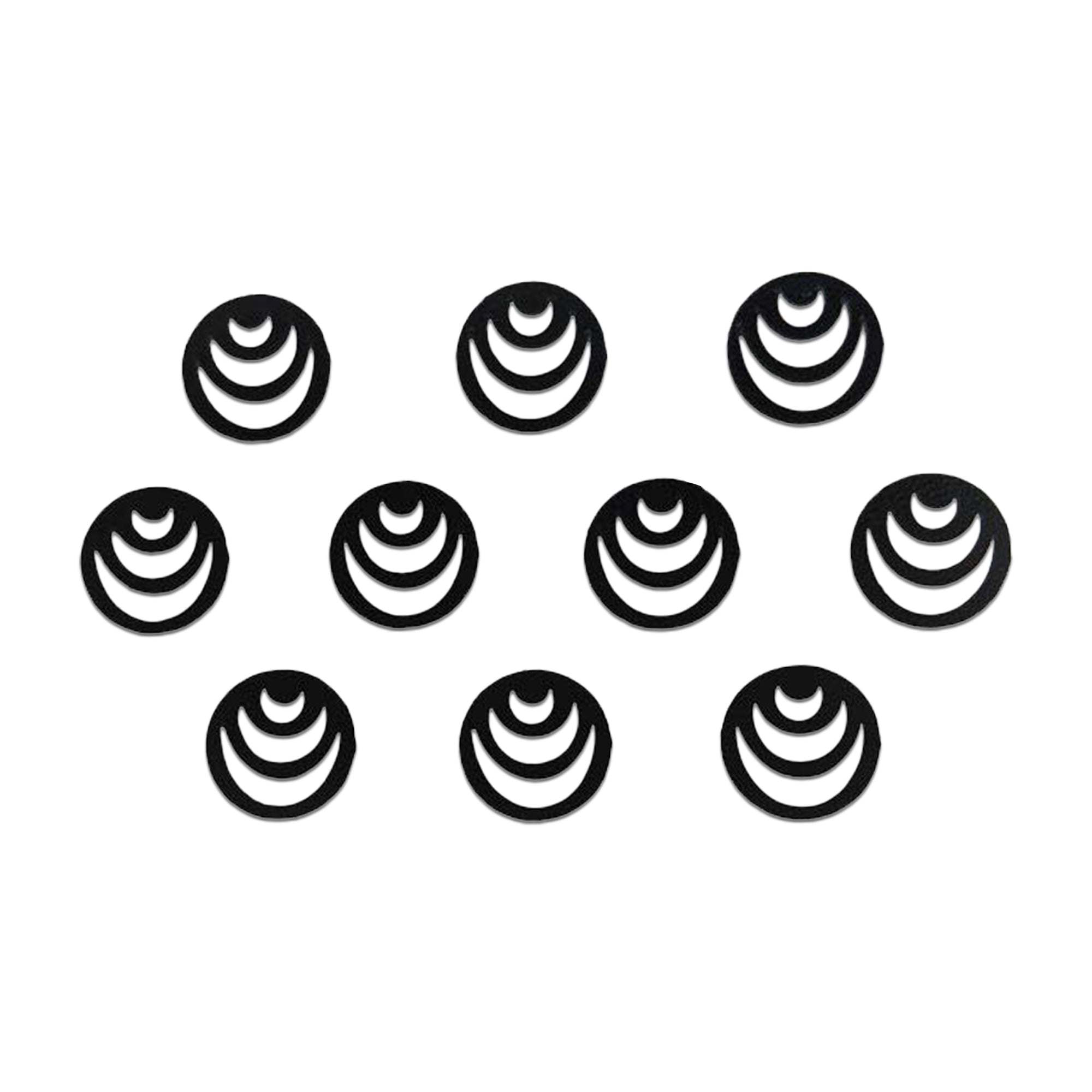 Comet Busters black triple crescent moon bindi featuring a bold circular design with three layered crescent moon cut-outs. Premium self-adhesive minimalist designer bindi for women and girls, perfect for daily wear, festive occasions, Navratri, Diwali, temple visits, yoga, meditation, spiritual styling, and contemporary ethnic outfits.