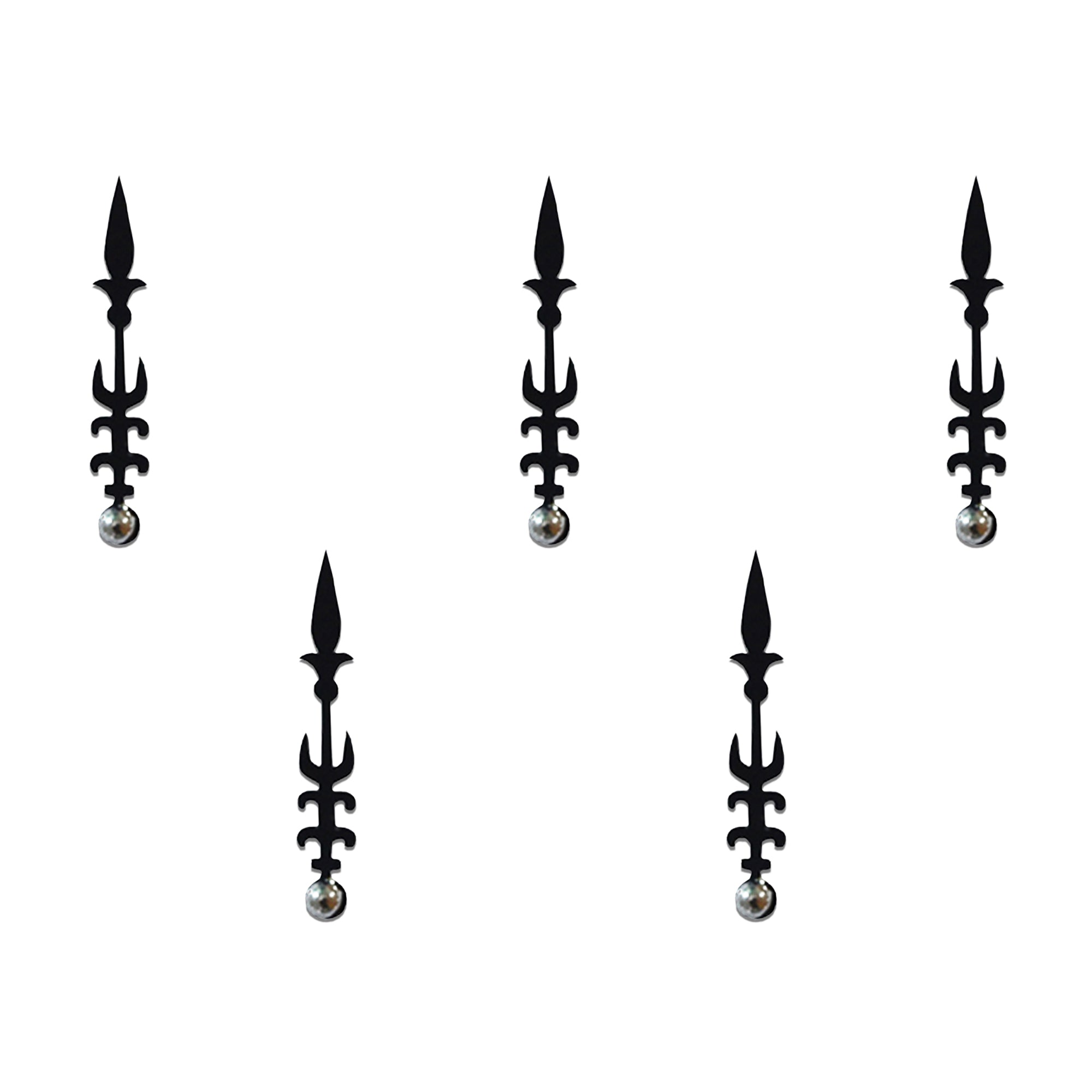 Comet Busters black Trishul long designer bindi sheet featuring 5 elegant Trishul-inspired bindis with silver pearl accents, reusable forehead bindis for women and girls, ideal for Mahakal devotees, religious occasions, festivals, traditional wear, and ethnic styling.