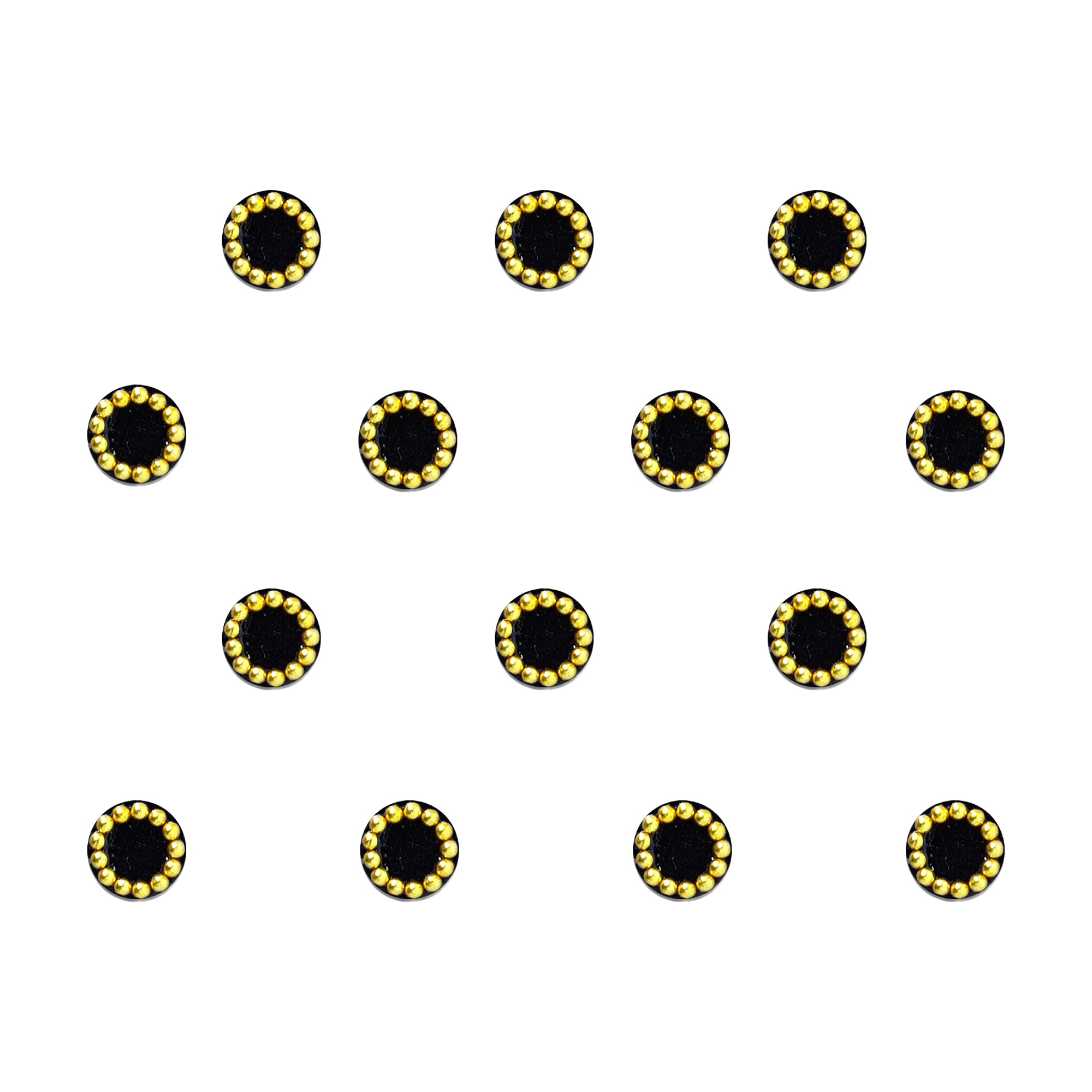 Comet Busters premium black velvet round bindis adorned with a gold beaded rim, elegant traditional forehead stickers for sarees, lehengas, weddings, festivals, and cultural occasions.