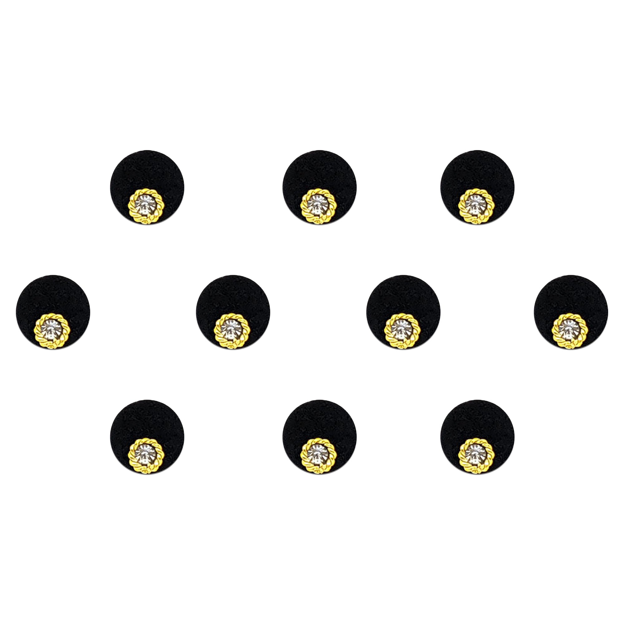 Comet Busters black velvet stone bindis featuring classic round black bindis with sparkling white crystal stones and golden twisted border detailing for festive and traditional ethnic wear.