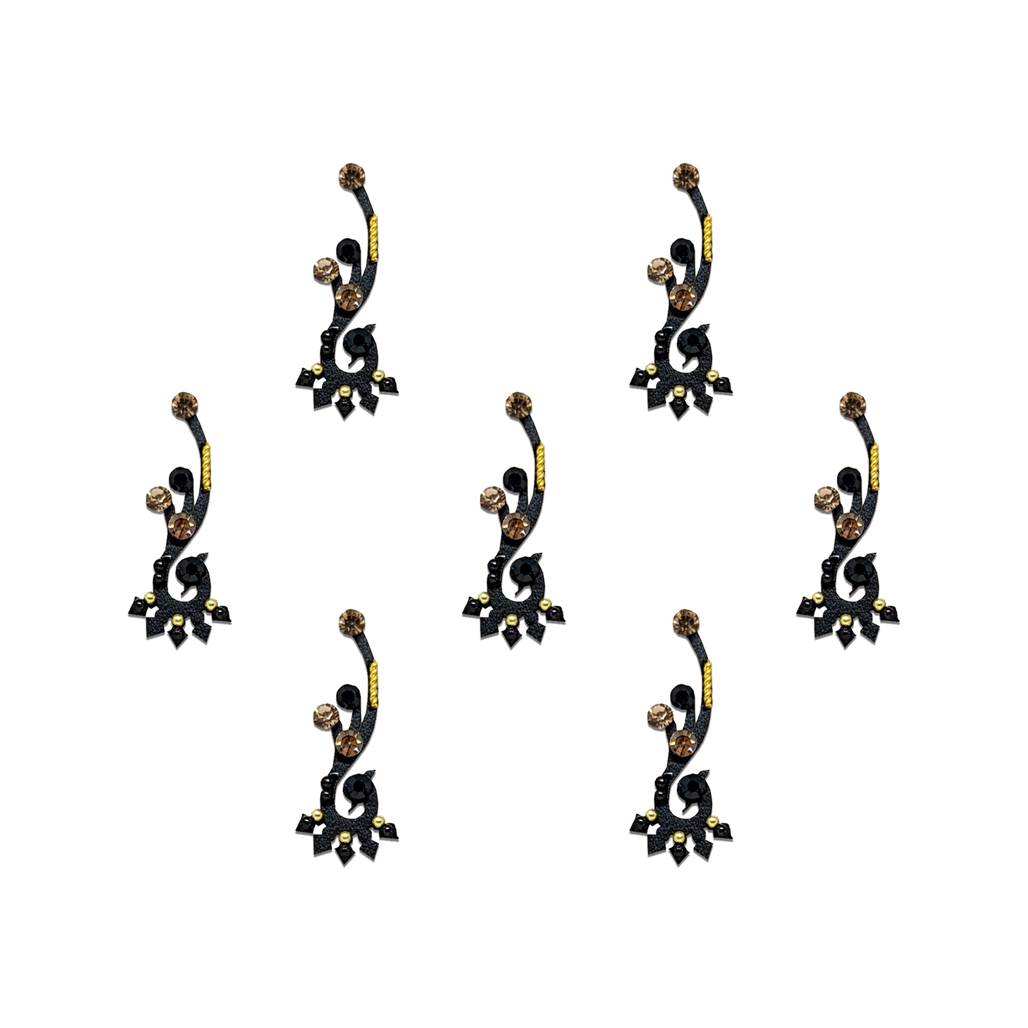Comet Busters black abstract swirl bindis with champagne crystals, black stones, and gold accents