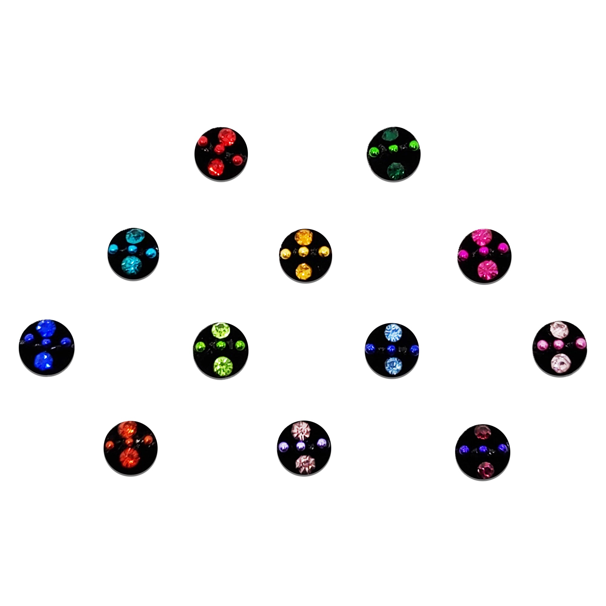 Comet Busters multicolor crystal designer bindi set featuring black round bases adorned with vibrant crystal stones in red, green, blue, pink, orange, yellow, purple, and aqua shades, accented with smaller matching stones arranged in a balanced geometric pattern for women and girls.