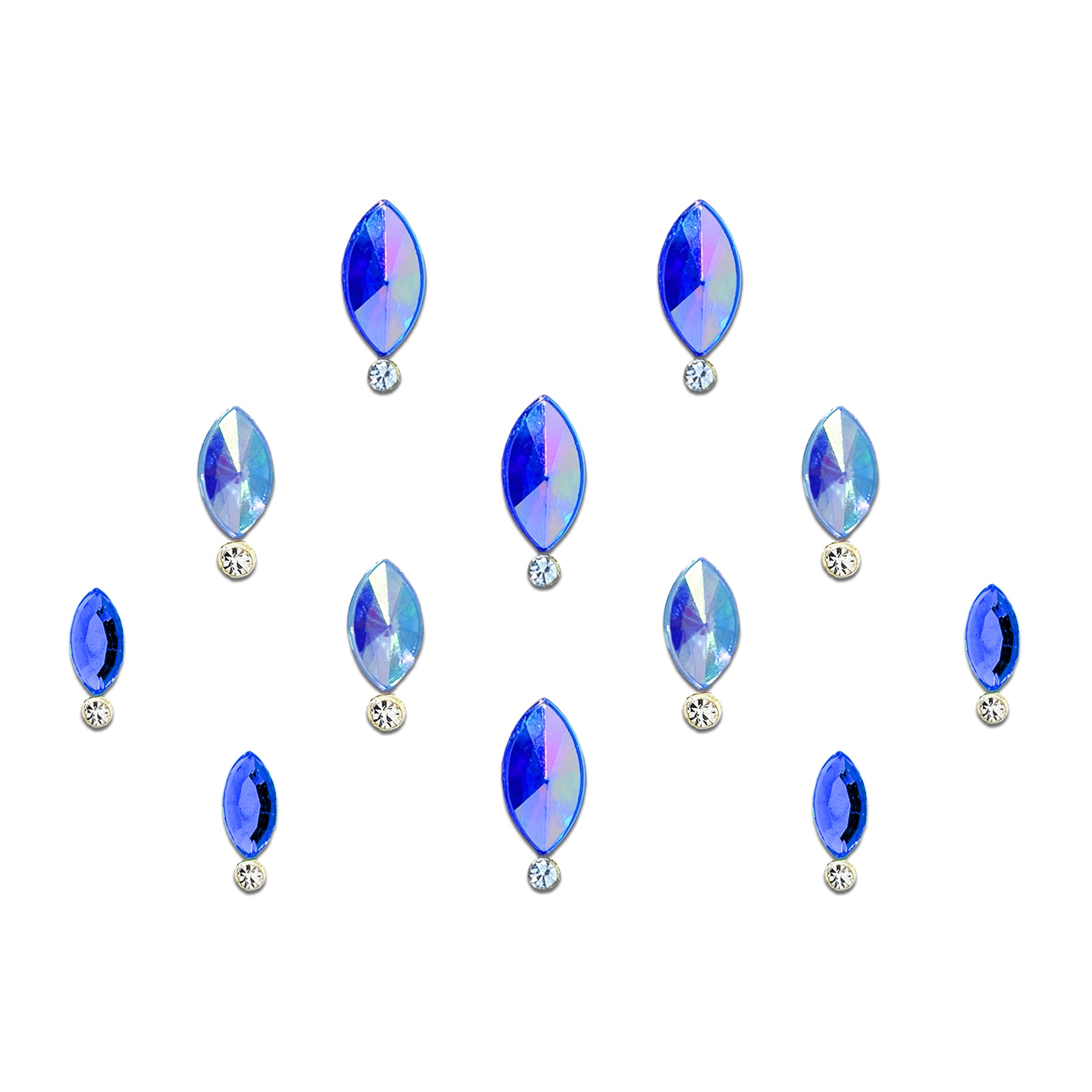 Comet Busters Celestial Blue Navette Crystal Bindi featuring an iridescent marquise-shaped blue crystal with a sparkling round crystal accent, self-adhesive designer bindi for women and girls, perfect for weddings, festivals, parties, cultural events, and elegant ethnic or fusion looks.