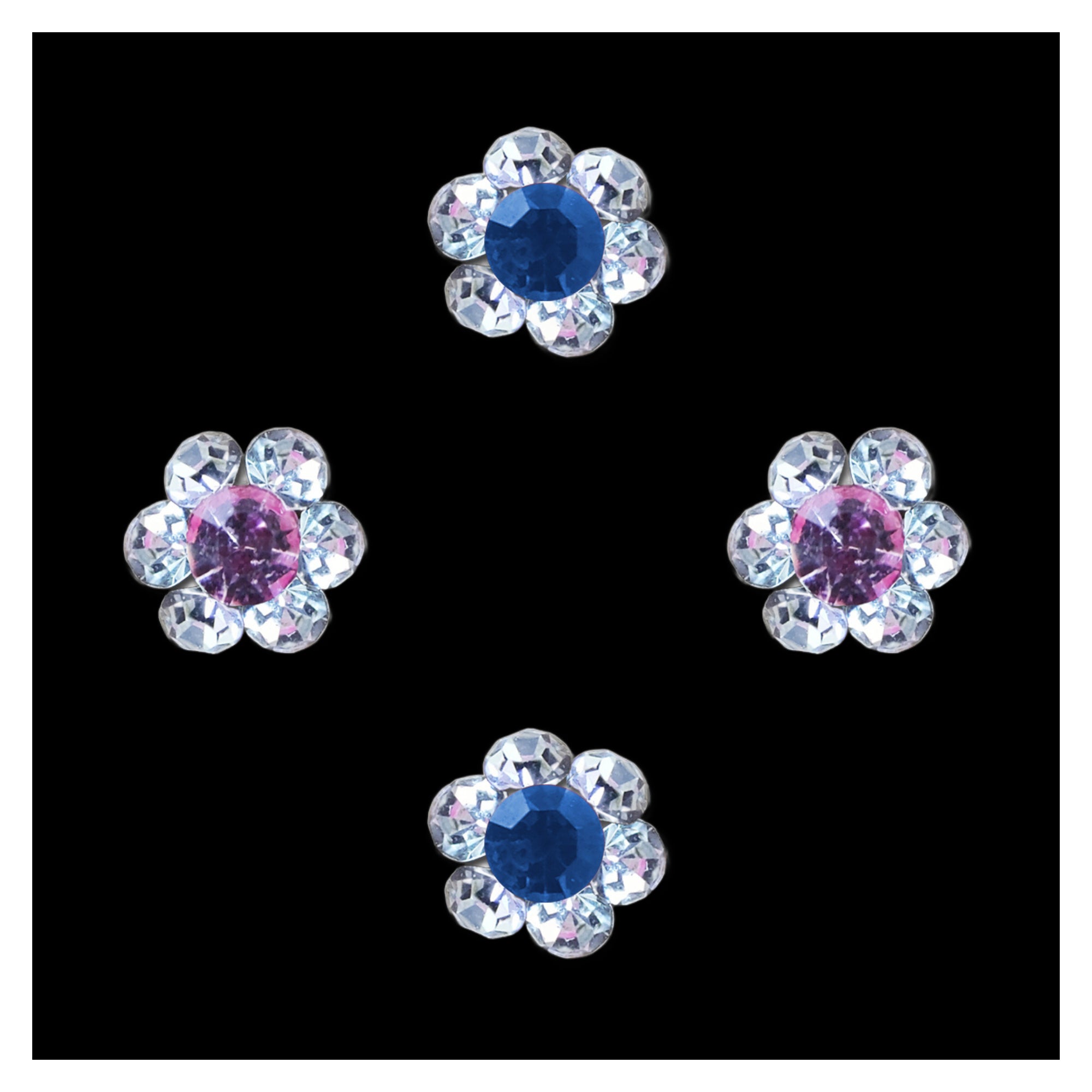 Comet Busters blue flower-shaped nose stud with a deep blue center crystal surrounded by sparkling clear crystal petals for women and girls