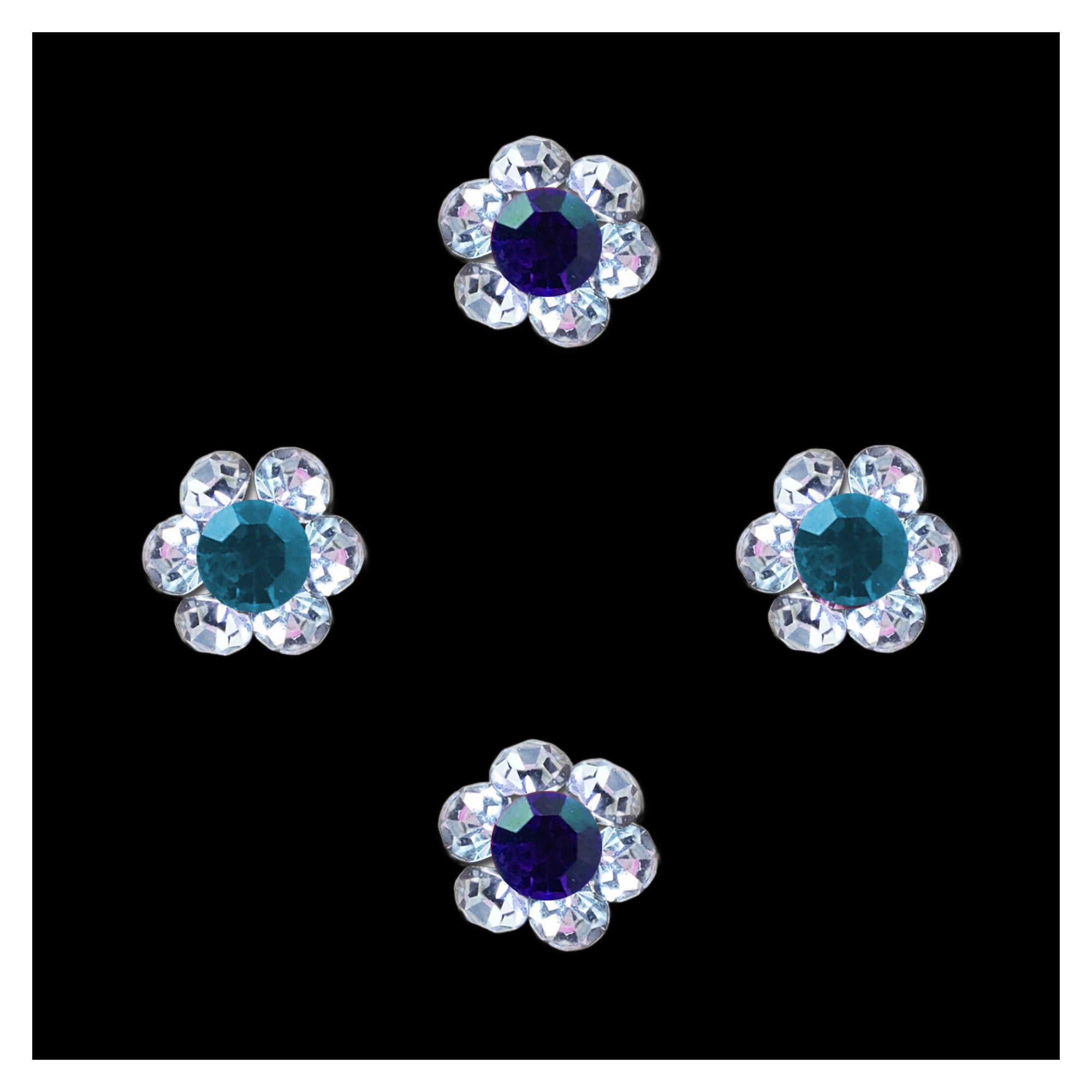 Comet Busters blue flower-shaped nose stud with a deep blue center crystal surrounded by sparkling clear crystal petals for women and girls