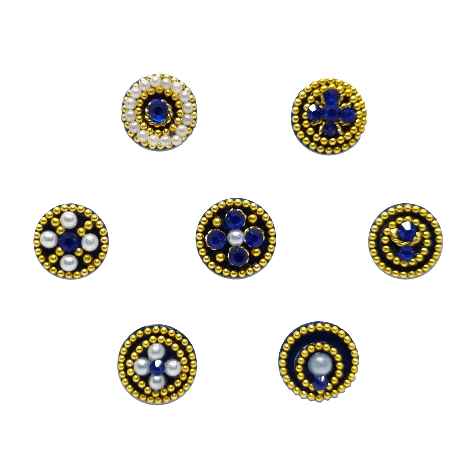 Comet Busters Blue and gold artisan round bindis with crystal stones and beadwork, designer forehead stickers for women featuring floral, spiral, and circular motifs, perfect for weddings, festivals, puja, Navratri, Bharatanatyam, and ethnic Indian outfits.