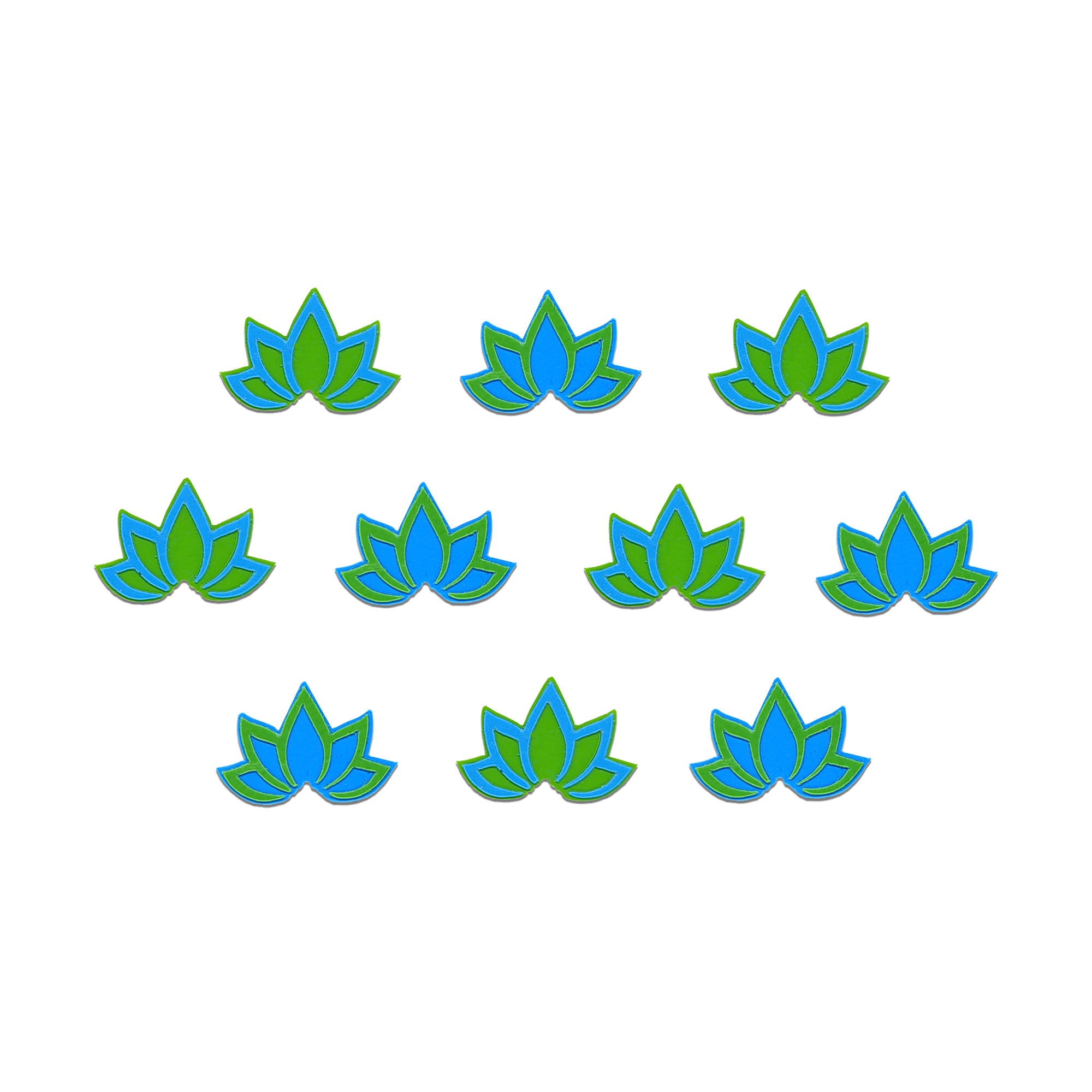 Comet Busters blue and green lotus flower designer bindis with vibrant floral motifs.