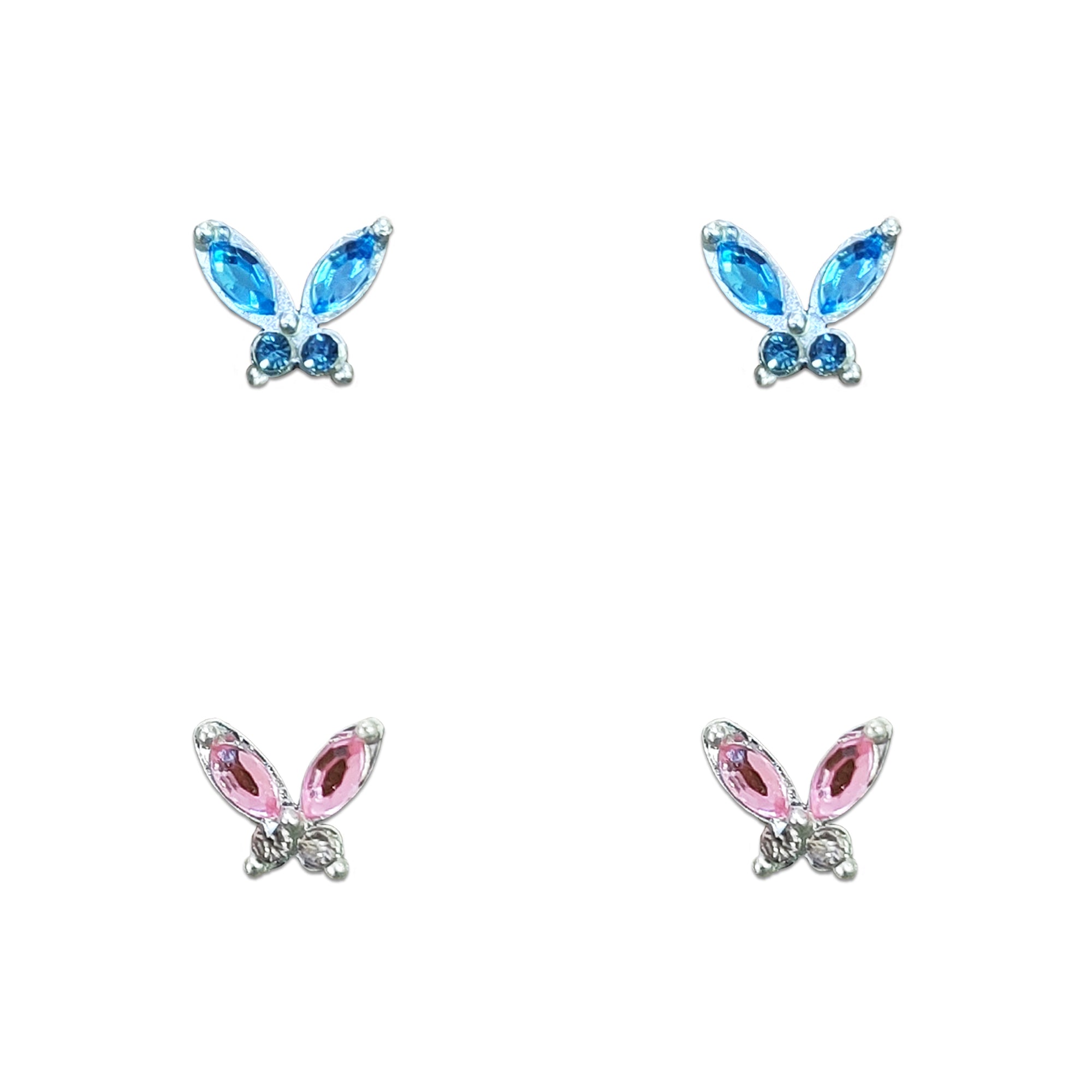 Comet Busters butterfly ear stud set featuring blue and pink marquise-shaped crystals with silver-tone detailing for women and girls
