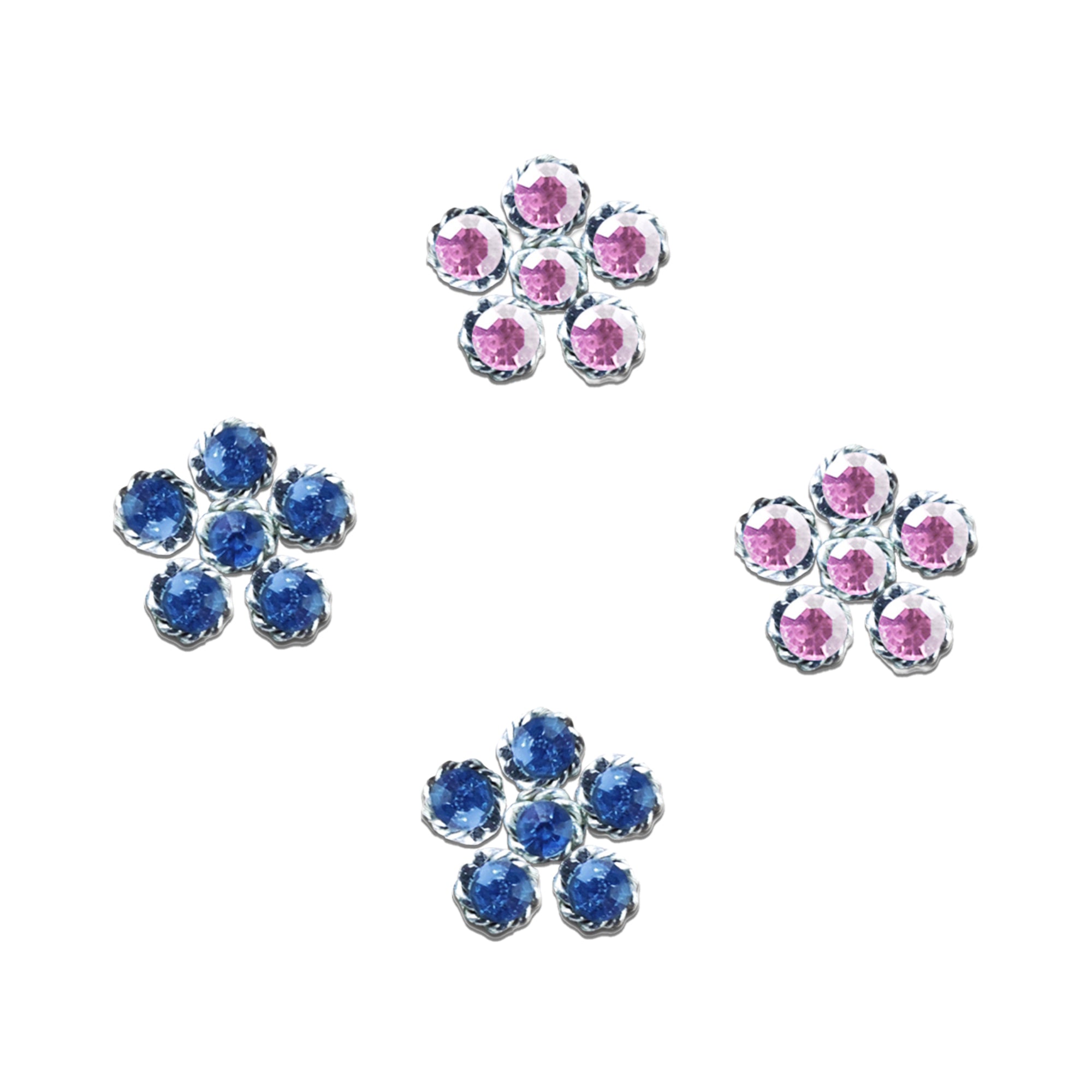 Comet Busters floral nose stud featuring sparkling blue and pink crystal stones arranged in a five-petal flower design for women and girls.