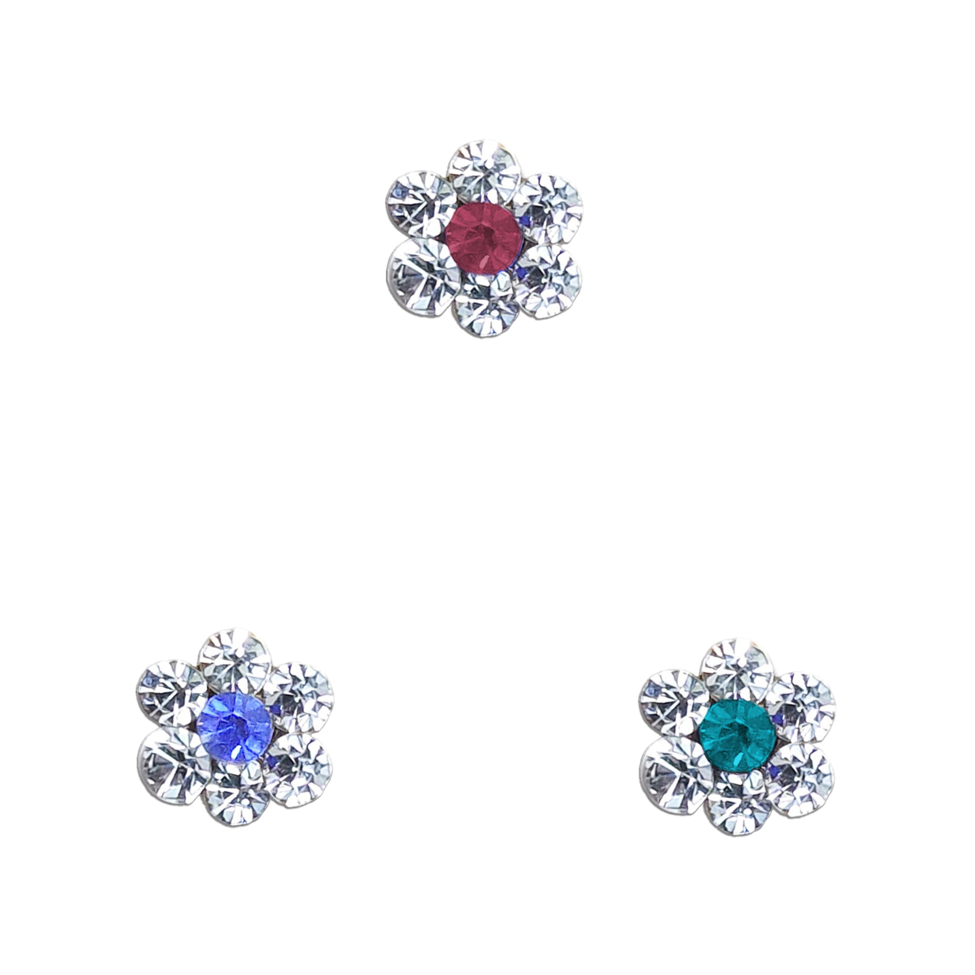 Comet Busters flower-shaped crystal nose stud featuring blue, pink and black center stones surrounded by sparkling clear crystal petals for women and girls