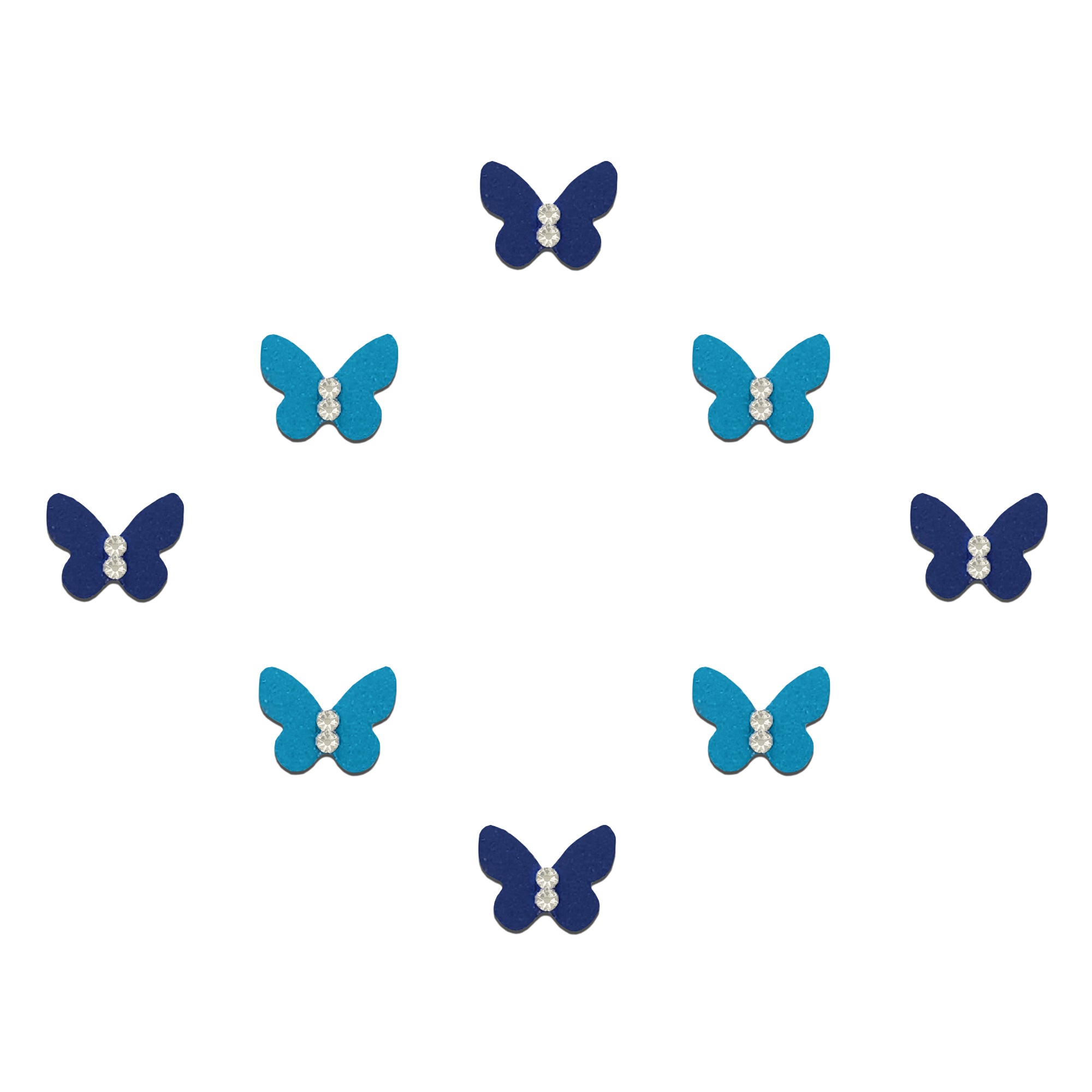 Comet Busters Blue butterfly-shaped velvet bindis featuring crystal stone centers in vibrant navy blue shades for trendy, festive, and ethnic fashion looks for women and girls.