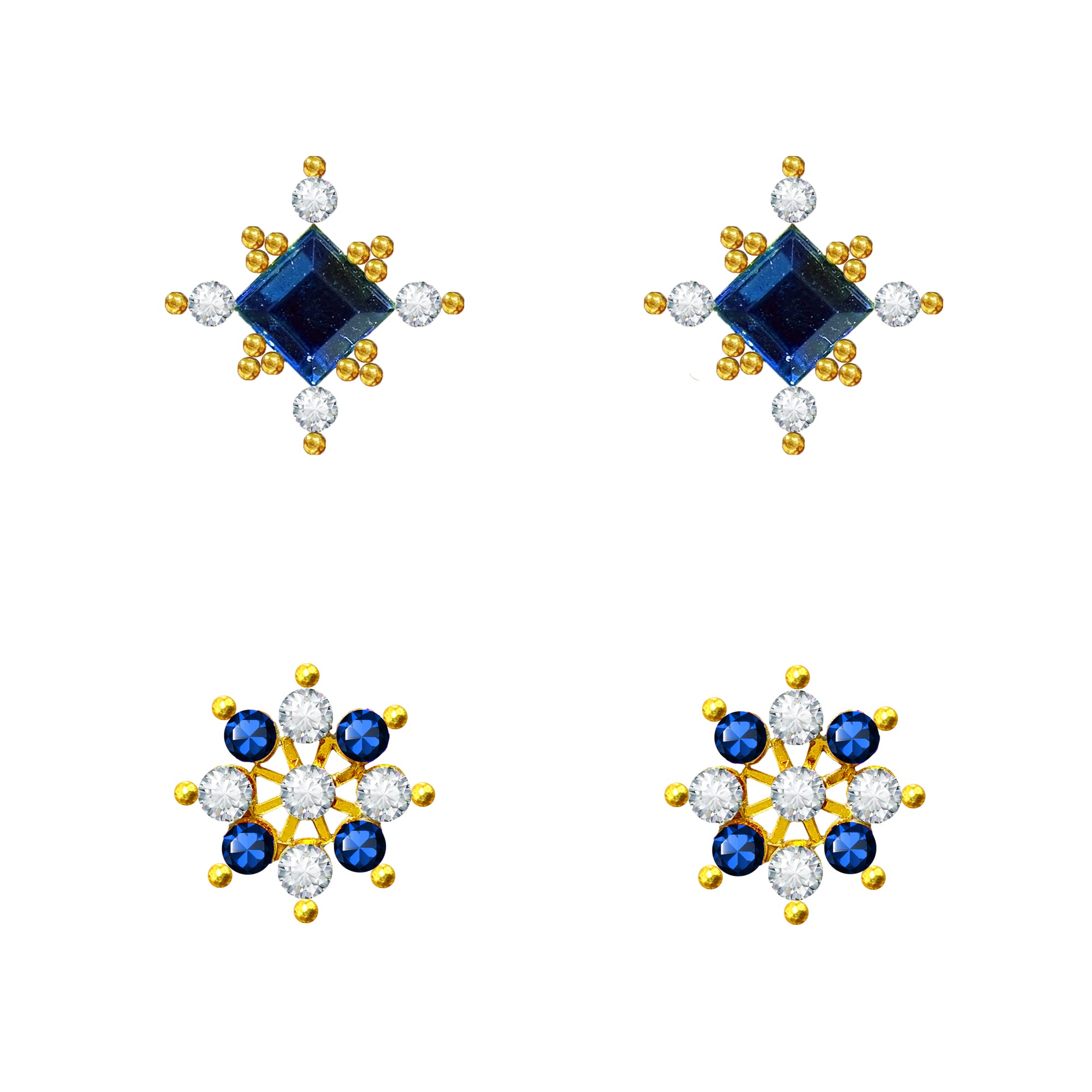 Comet Busters Blue Square Crystal and Sapphire Floral Ear Stud Set with Clear Rhinestones and Golden Bead Detailing for Women and Girls