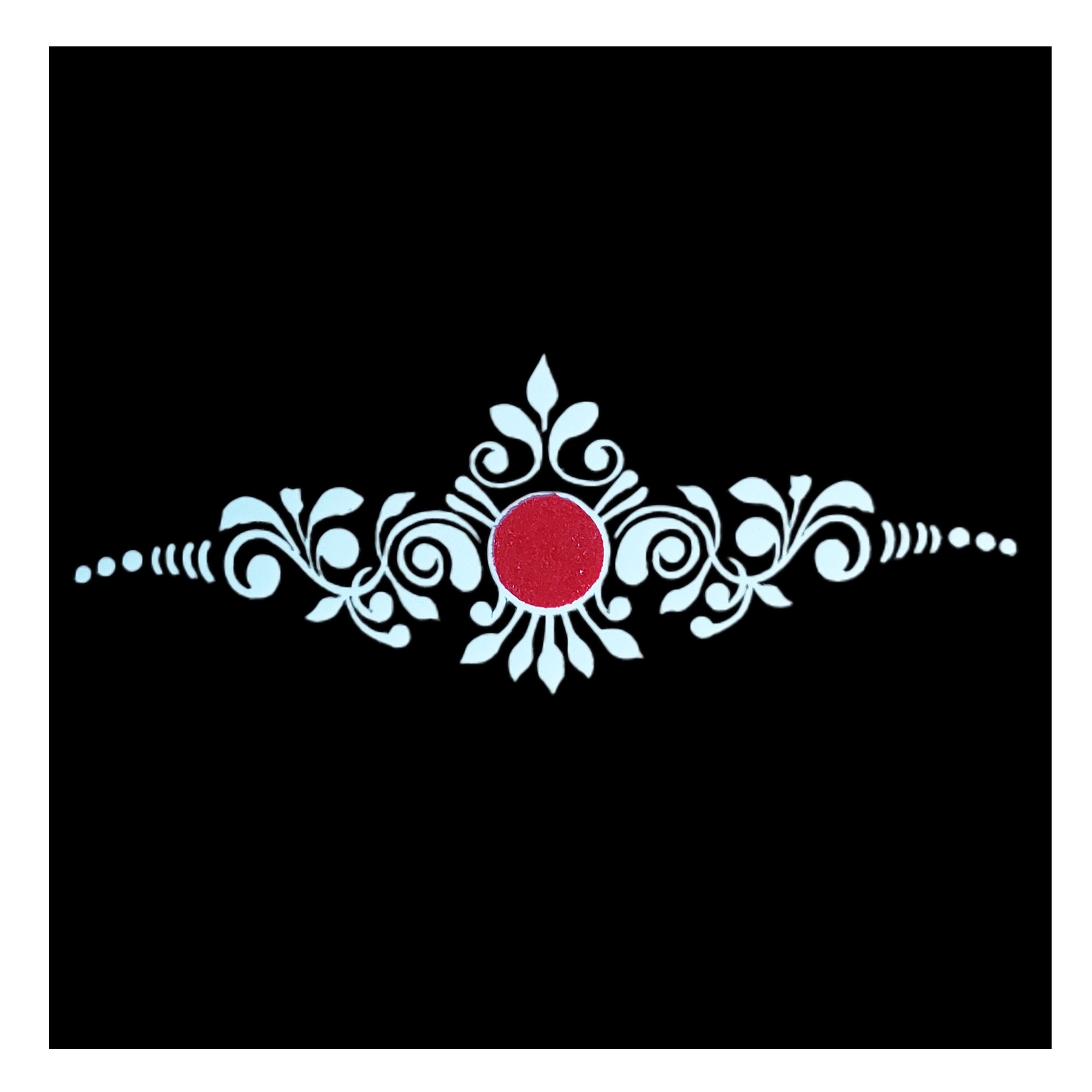 Comet Busters royal bloom bindi featuring intricate white floral swirl 