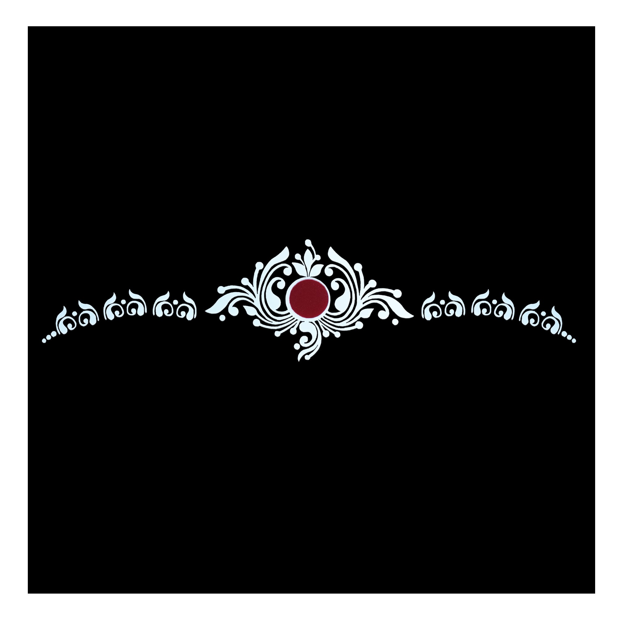 Comet Busters royal chain bindi featuring intricate white ornamental swirl patterns with a red center dot