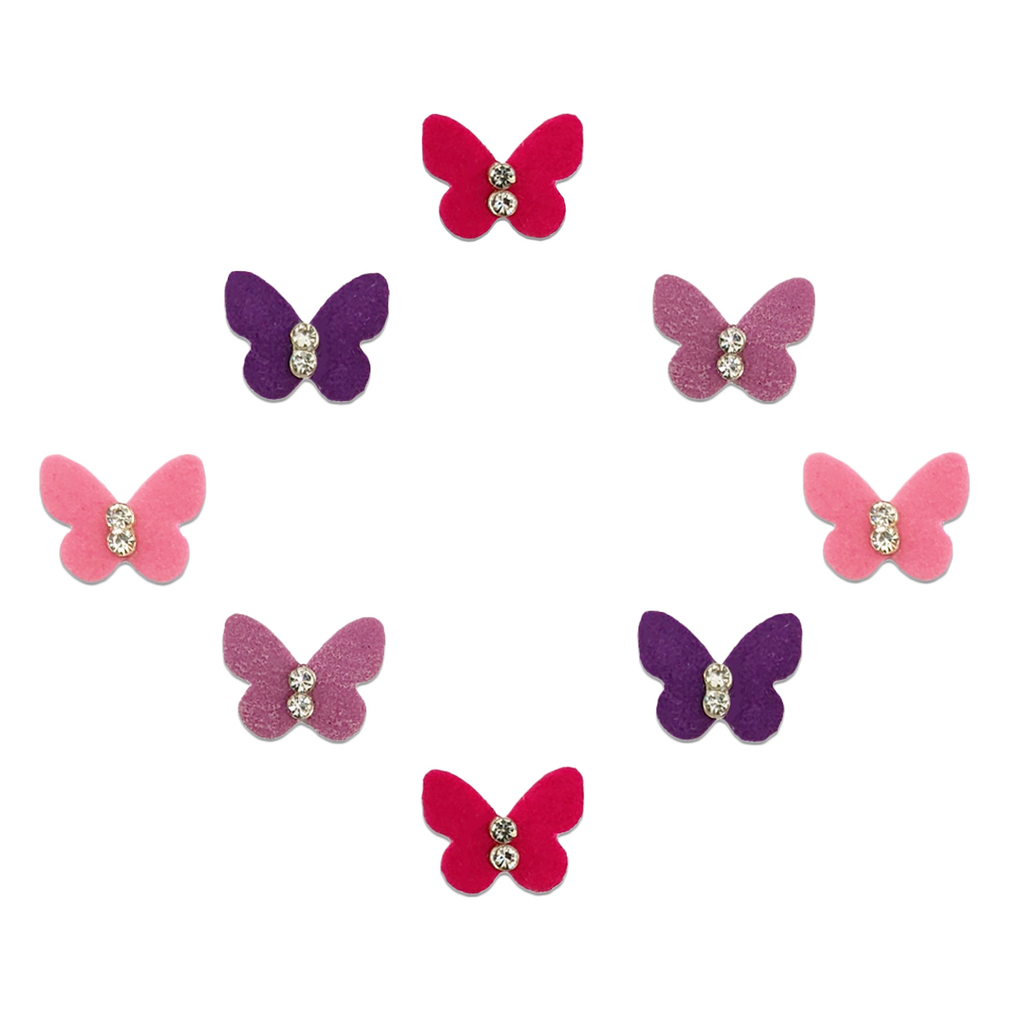 Comet Busters butterfly-shaped velvet bindis featuring sparkling crystal stone detailing in pink, purple, and magenta shades, perfect for trendy, festive, and ethnic fashion looks for women and girls.