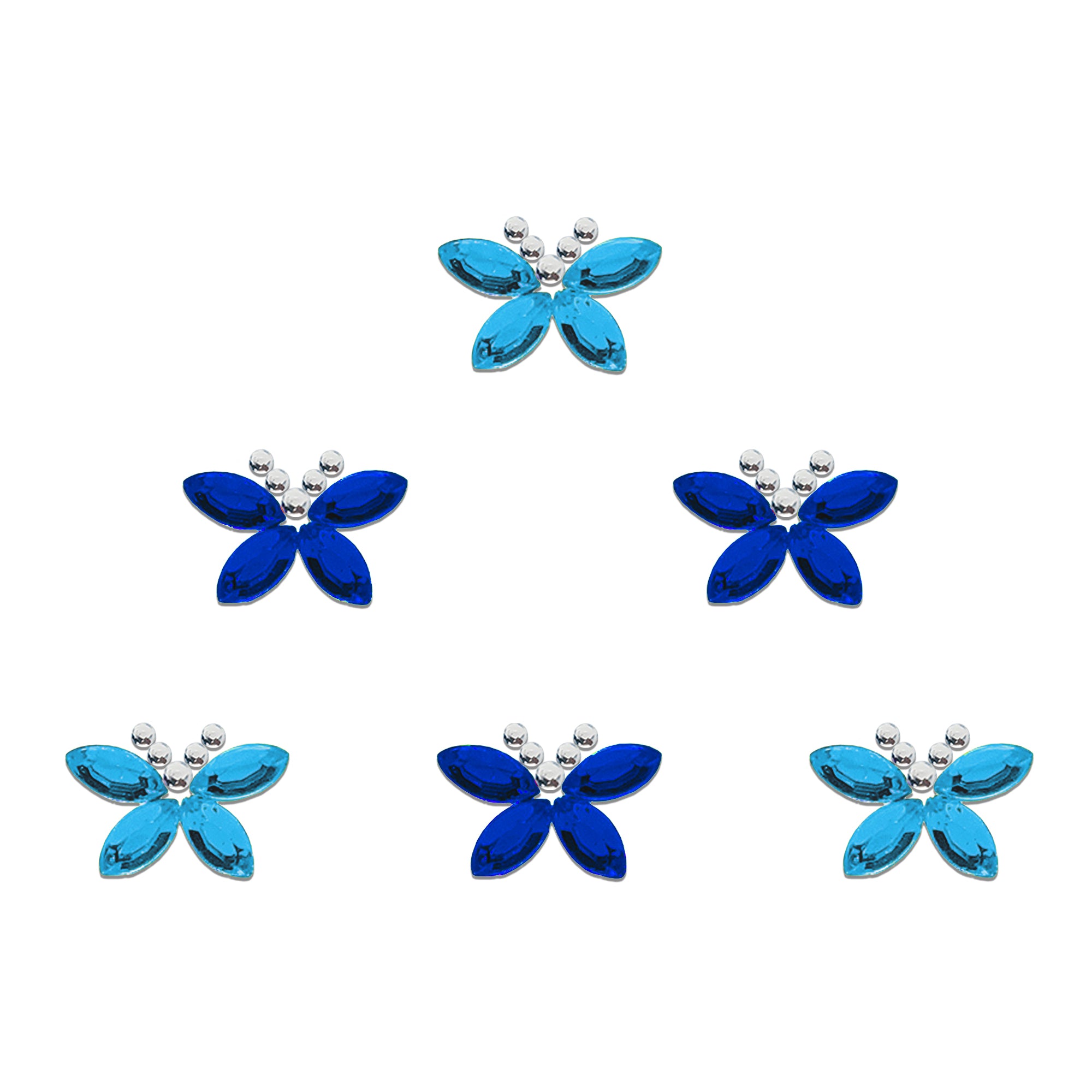 Comet Busters butterfly designer bindis featuring blue crystal stone petals with silver bead detailing in an elegant butterfly-inspired pattern for festive and party wear styling.