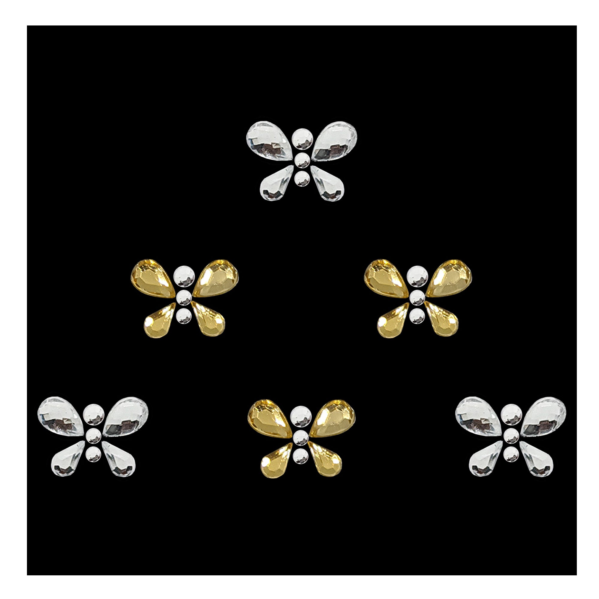 Comet Busters butterfly-shaped designer bindis featuring dual-tone gold and silver reflective stones arranged in an elegant butterfly pattern with metallic bead detailing for festive and party wear styling.