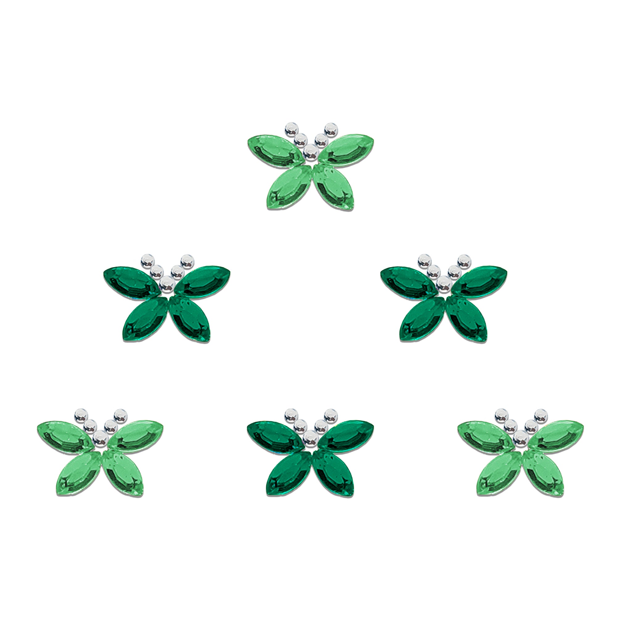 Comet Busters butterfly designer bindis featuring green crystal stone petals with silver bead detailing in an elegant butterfly-inspired pattern for festive and party wear styling.
