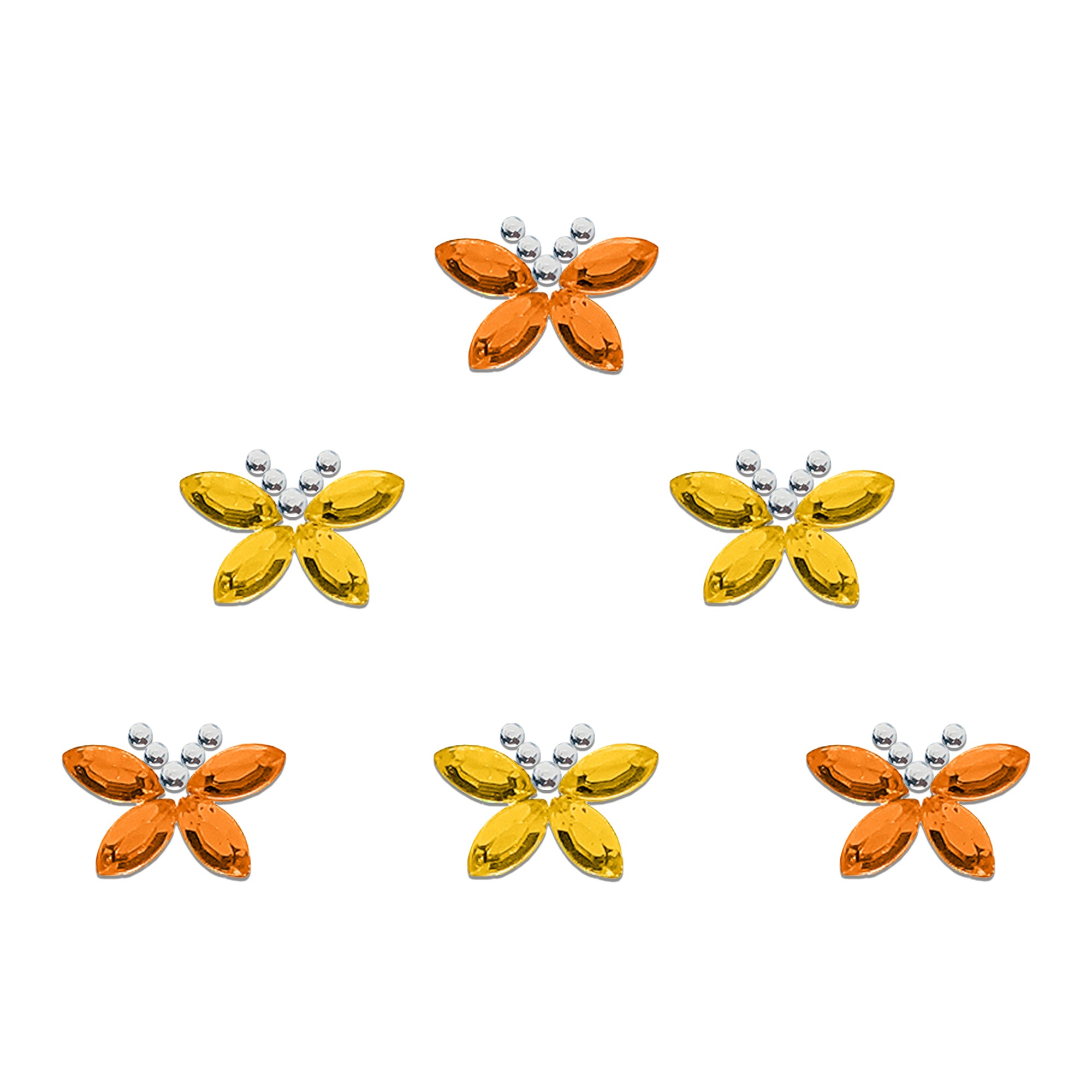 Comet Busters butterfly designer bindis featuring orange and yellow crystal stone petals with silver bead detailing in an elegant butterfly-inspired pattern for festive and party wear styling.
