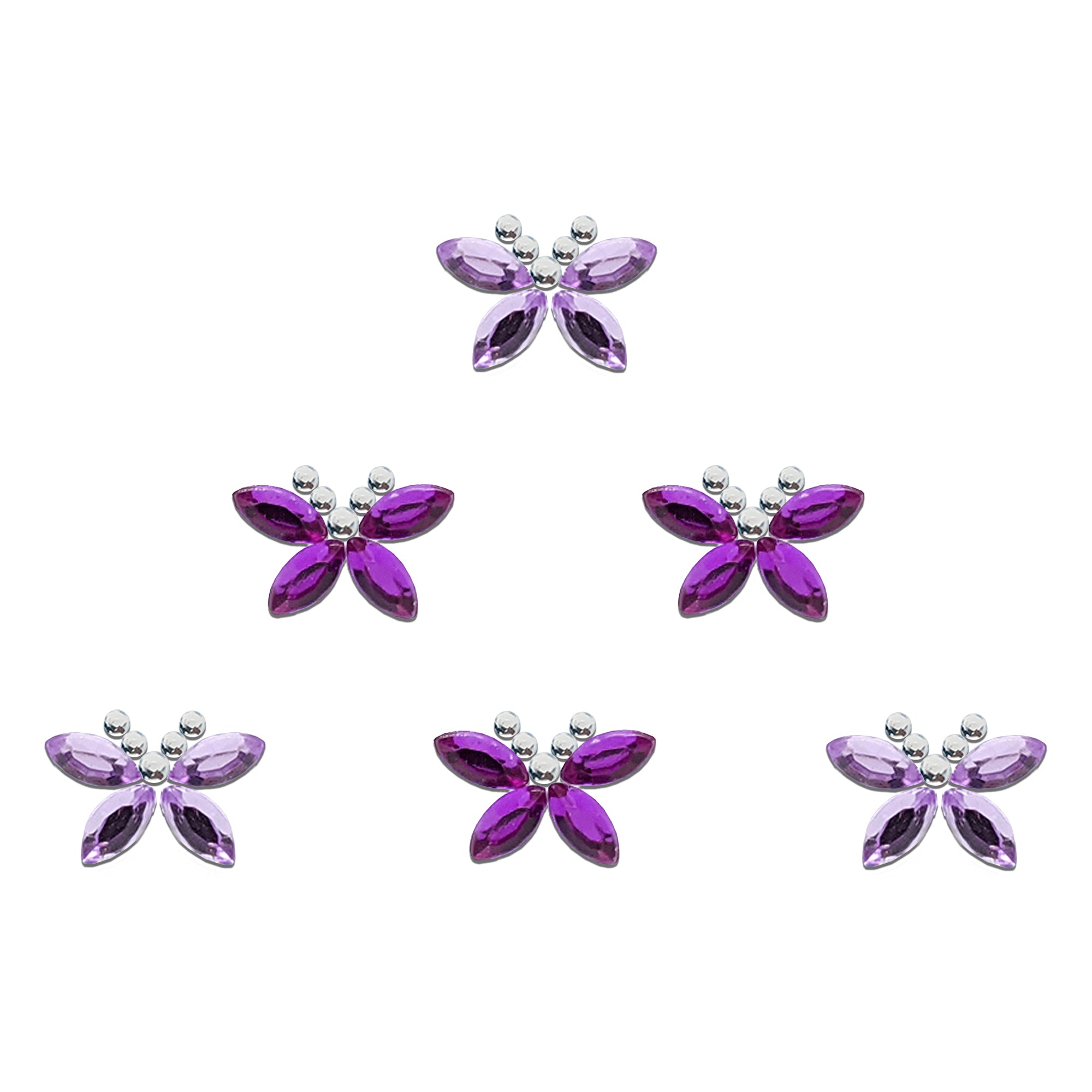 Comet Busters butterfly-shaped designer bindis featuring light pink and magenta reflective teardrop stones with silver crystal 