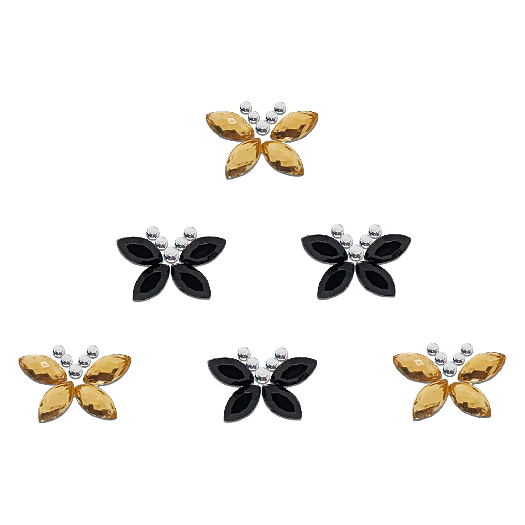 Comet Busters premium butterfly-shaped bindis featuring orange and yellow reflective teardrop stones with silver crystal accents arranged in a stylish butterfly design for festive and ethnic fashion looks.