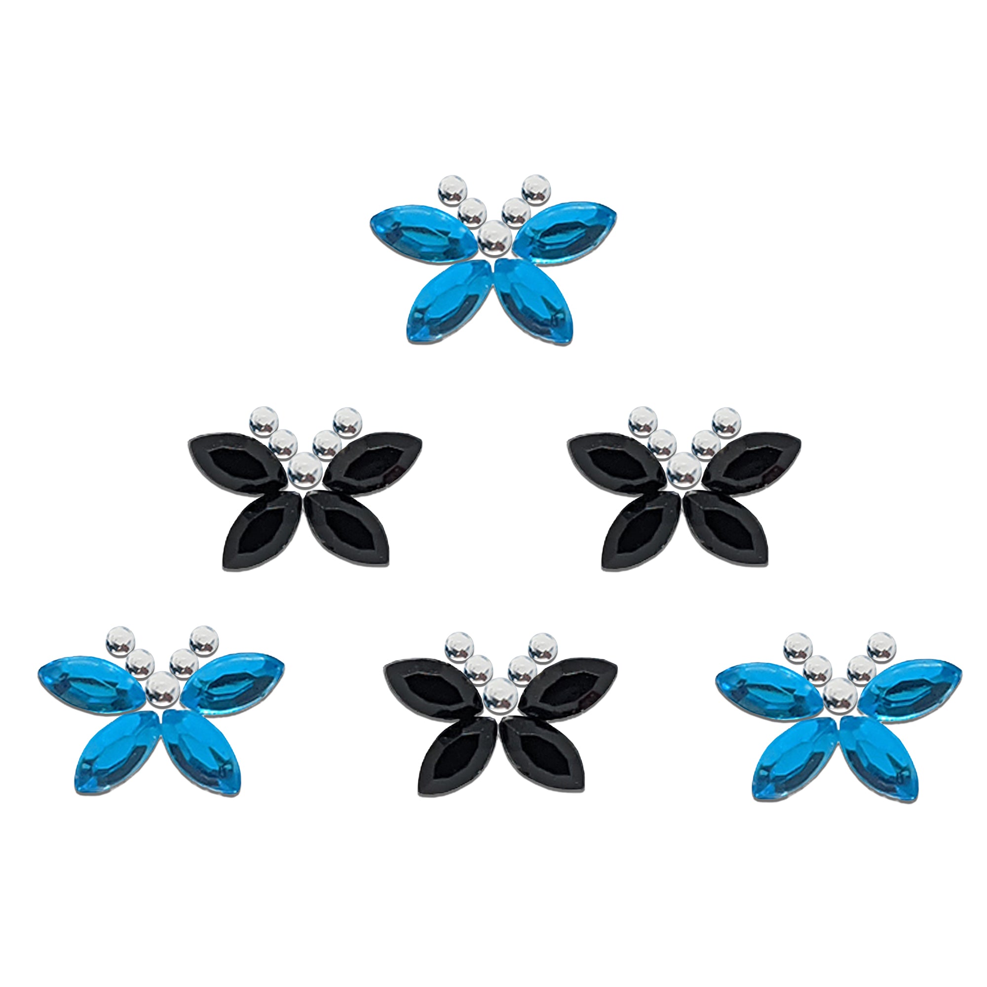 Comet Busters butterfly-shaped designer bindis featuring Blue and Black reflective teardrop stones with silver crystal accents arranged in an elegant butterfly pattern for festive and ethnic styling.