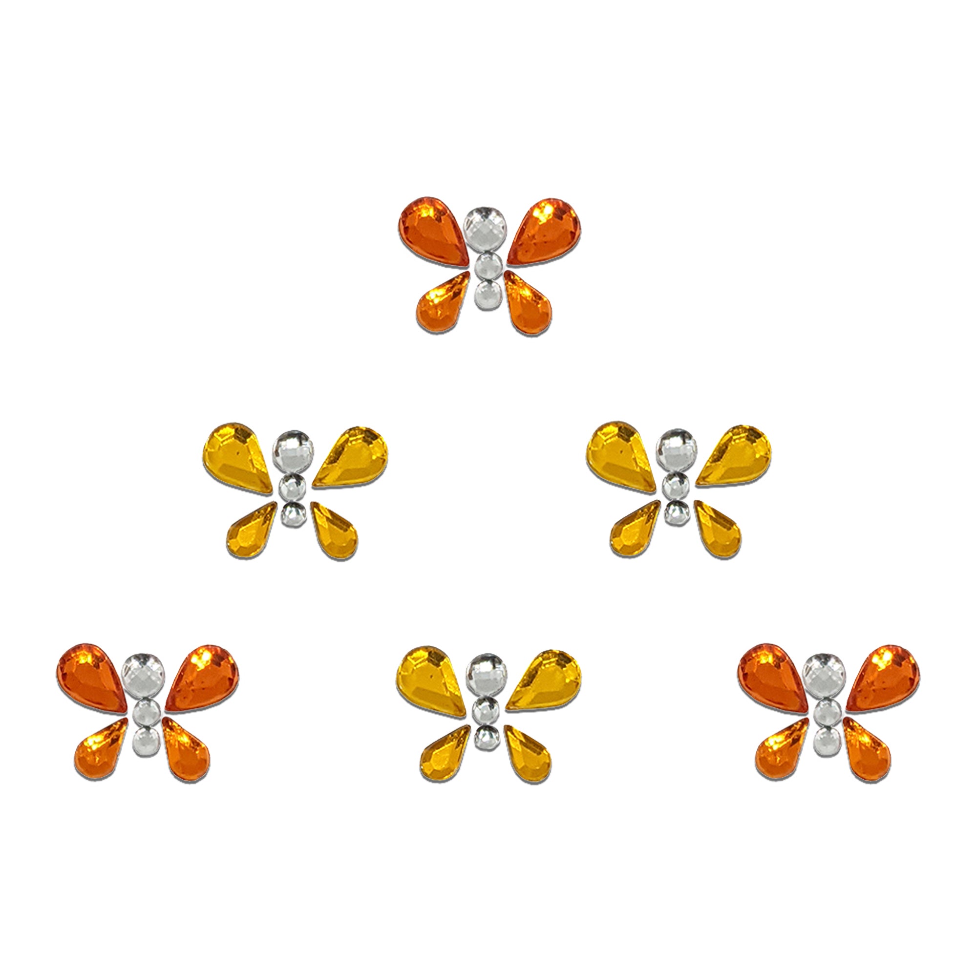 Comet Busters butterfly-shaped designer bindis featuring sparkling orange and yellow butterfly pattern for festive and ethnic wear styling.