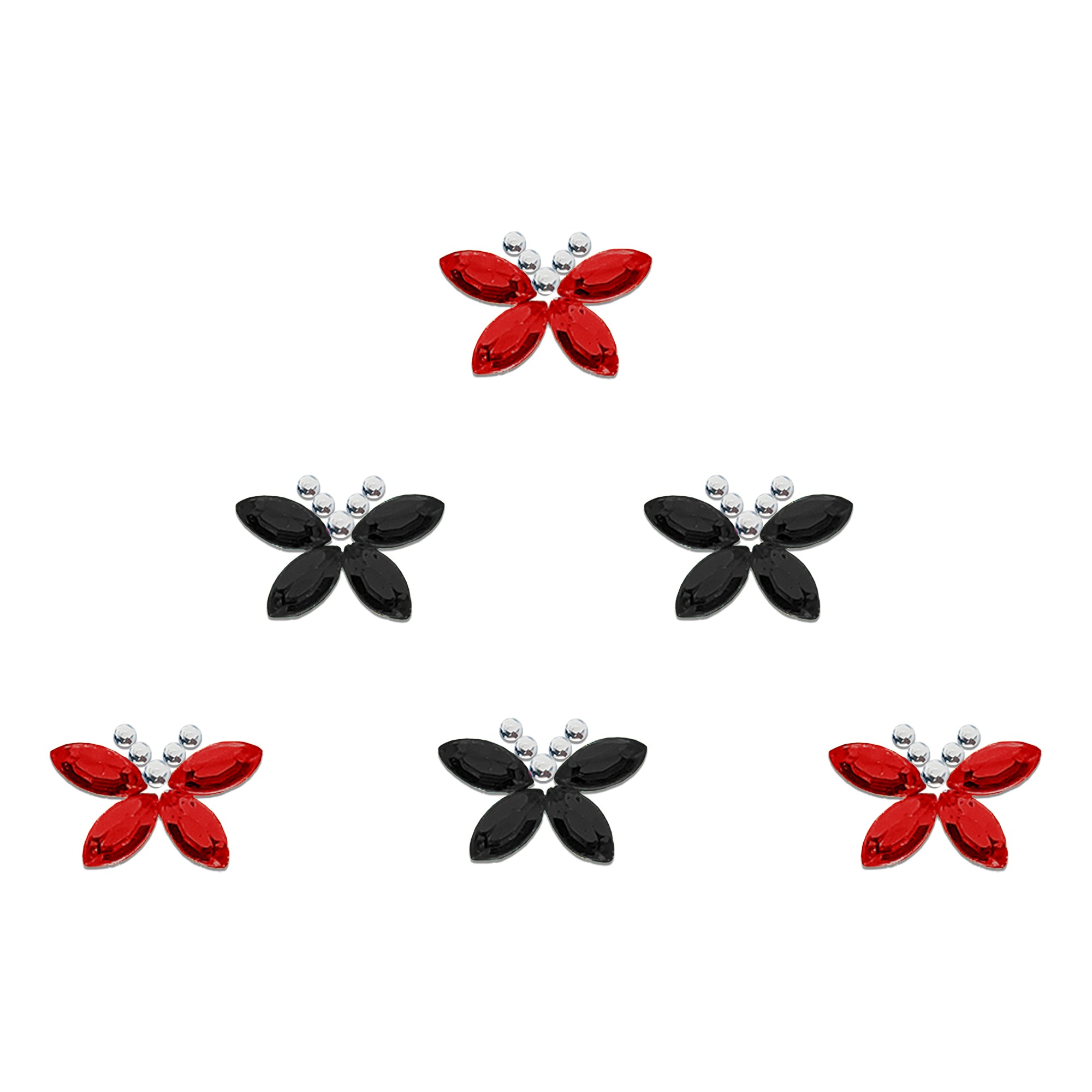 Comet Busters butterfly-shaped designer bindis featuring glossy red and black marquise stones with silver crystal bead detailing arranged in an elegant butterfly pattern for festive and party wear styling.