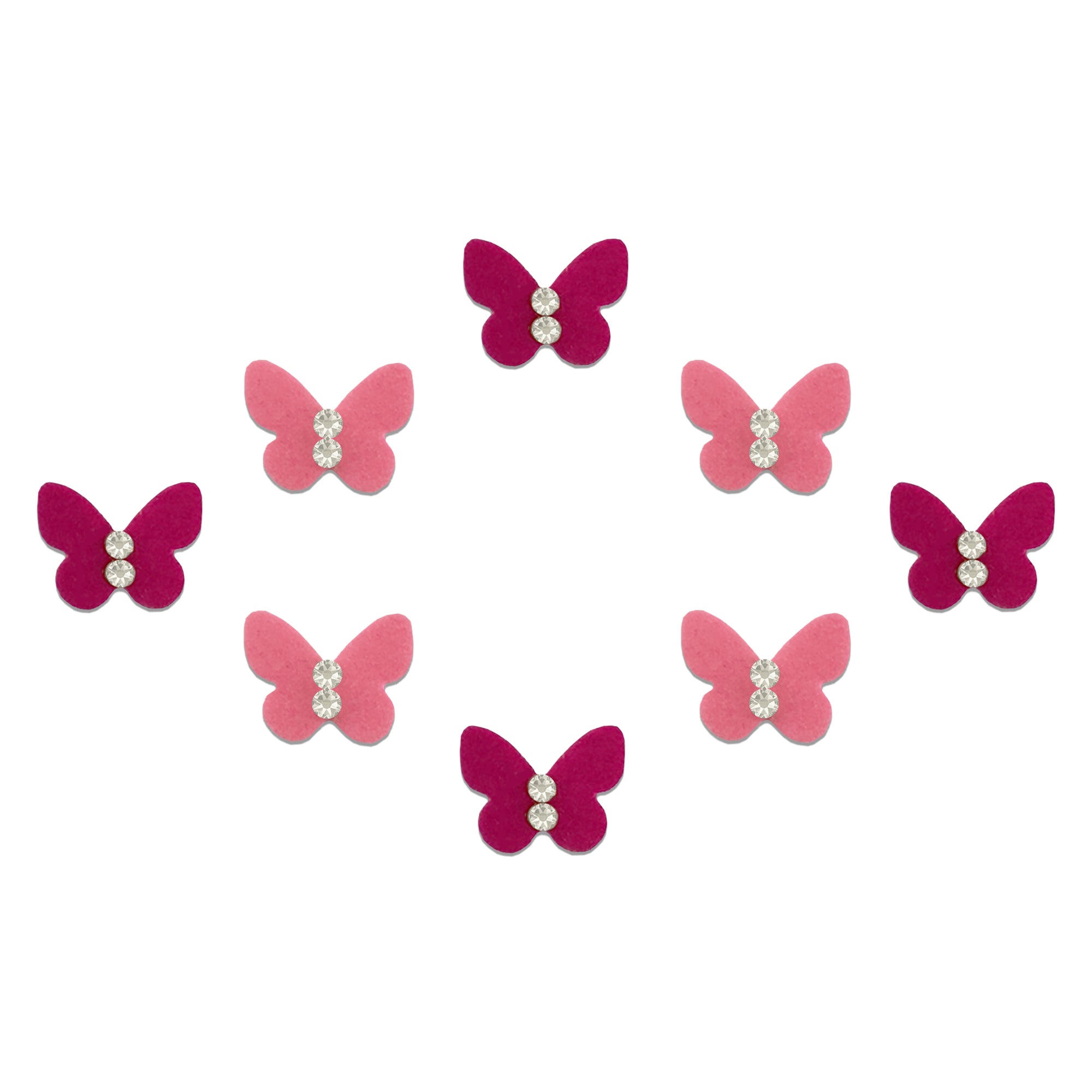 Comet Busters butterfly-shaped velvet bindis featuring sparkling crystal stone detailing in pink shades, perfect for trendy, festive, and ethnic fashion looks for women and girls.