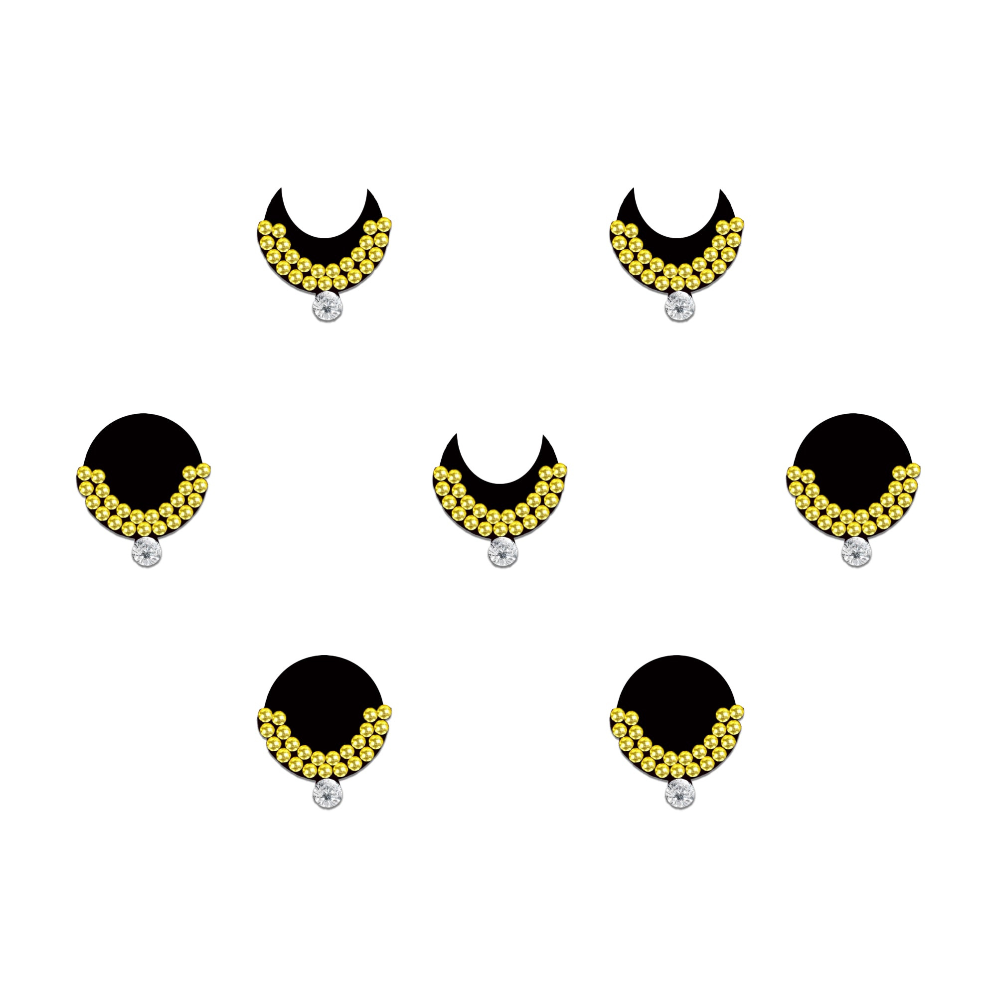 Comet Busters emerald chand designer bindis featuring dark Black crescent and round bindis decorated with golden rhinestone detailing and crystal drop accents, elegant self-adhesive festive bindi set for women and girls with forehead styling reference and premium packaging.