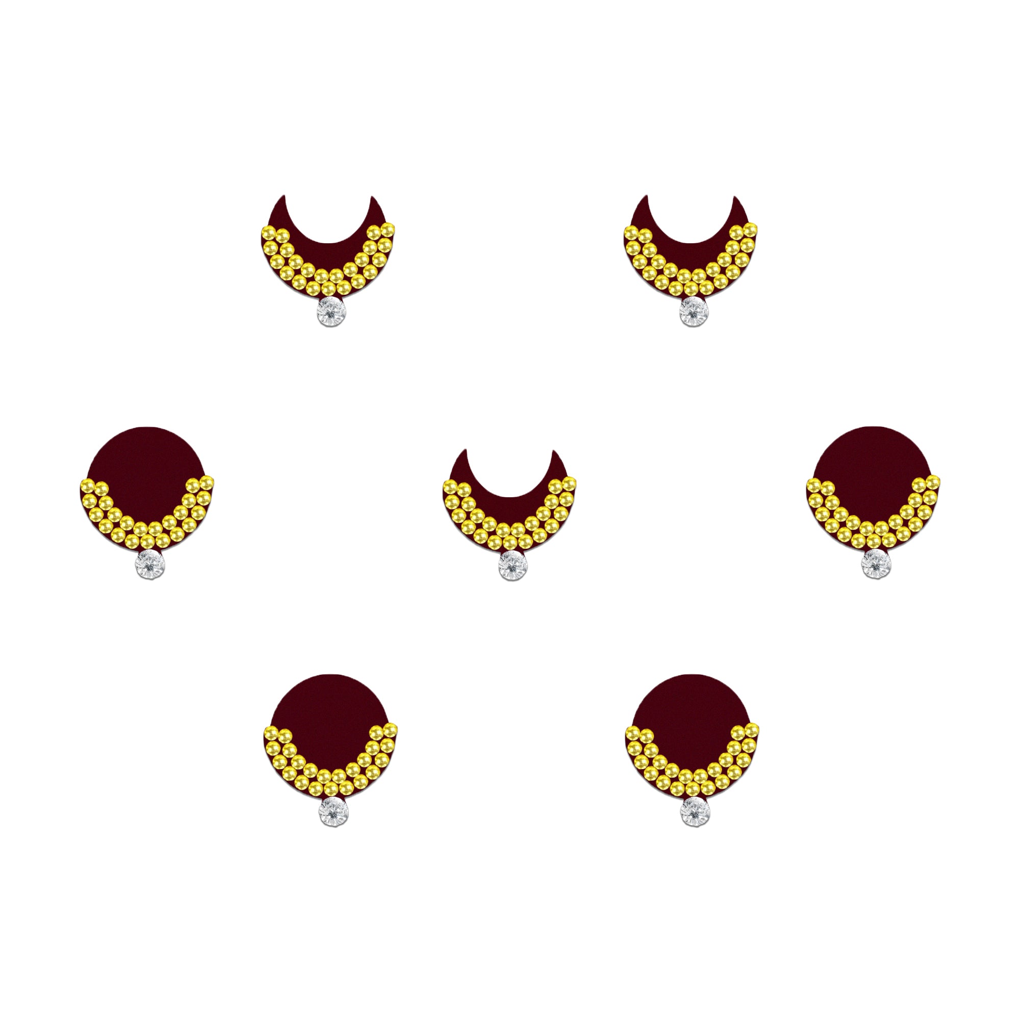 Comet Busters emerald chand designer bindis featuring dark green crescent and round bindis decorated with golden rhinestone detailing and crystal drop accents, elegant self-adhesive festive bindi set for women and girls with forehead styling reference and premium packaging.