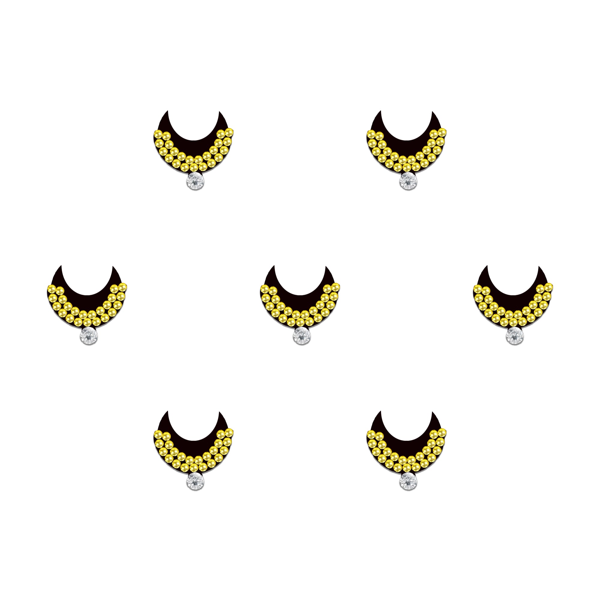 Comet Busters emerald chand designer bindis featuring dark Maroon crescent bindis decorated with golden rhinestone detailing and crystal drop accents, elegant self-adhesive festive bindi set for women and girls with forehead styling reference and premium packaging.