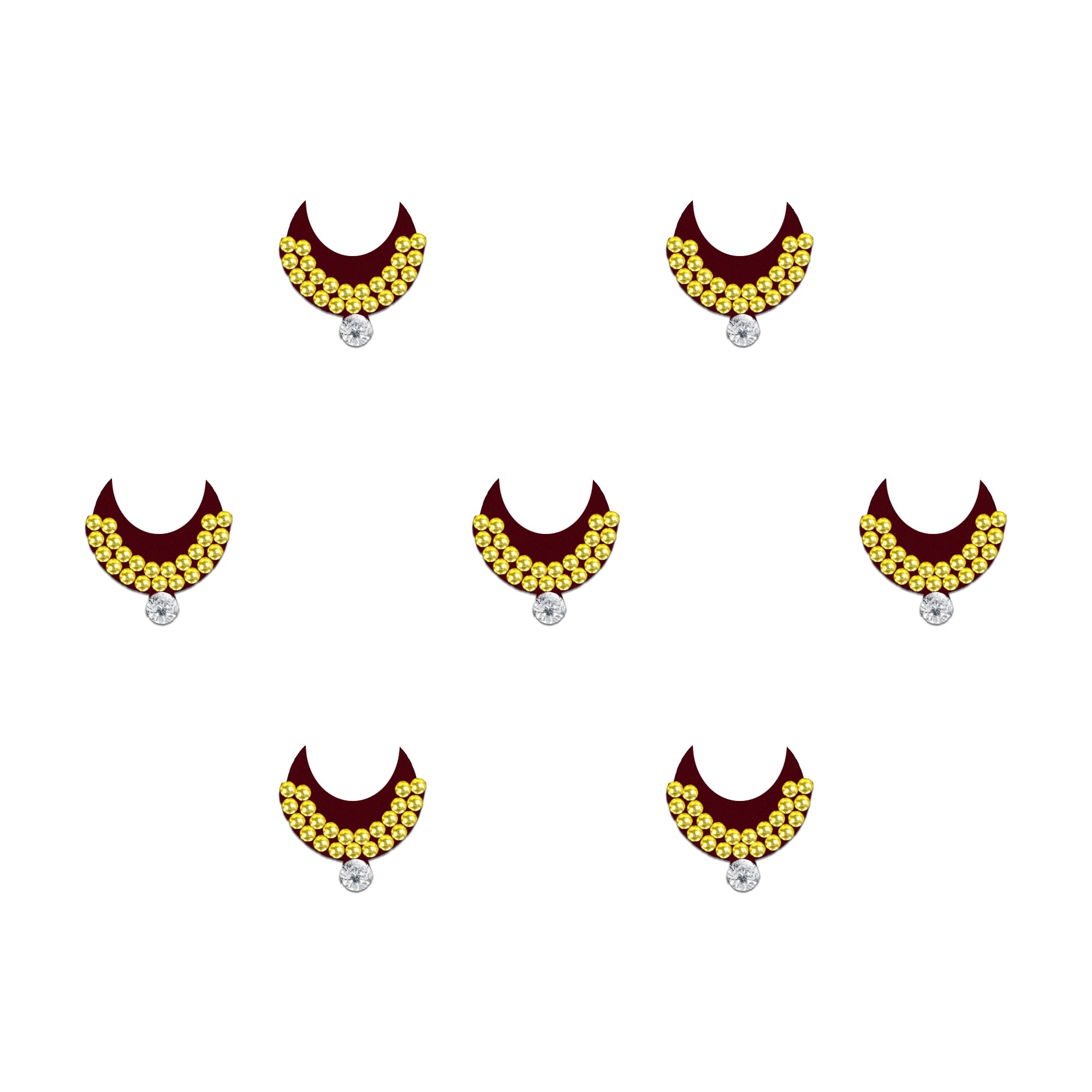 Comet Busters chand designer bindis featuring crescent bindis decorated with golden rhinestone detailing and crystal drop accents, elegant self-adhesive festive bindi set for women and girls with forehead styling reference and premium packaging.
