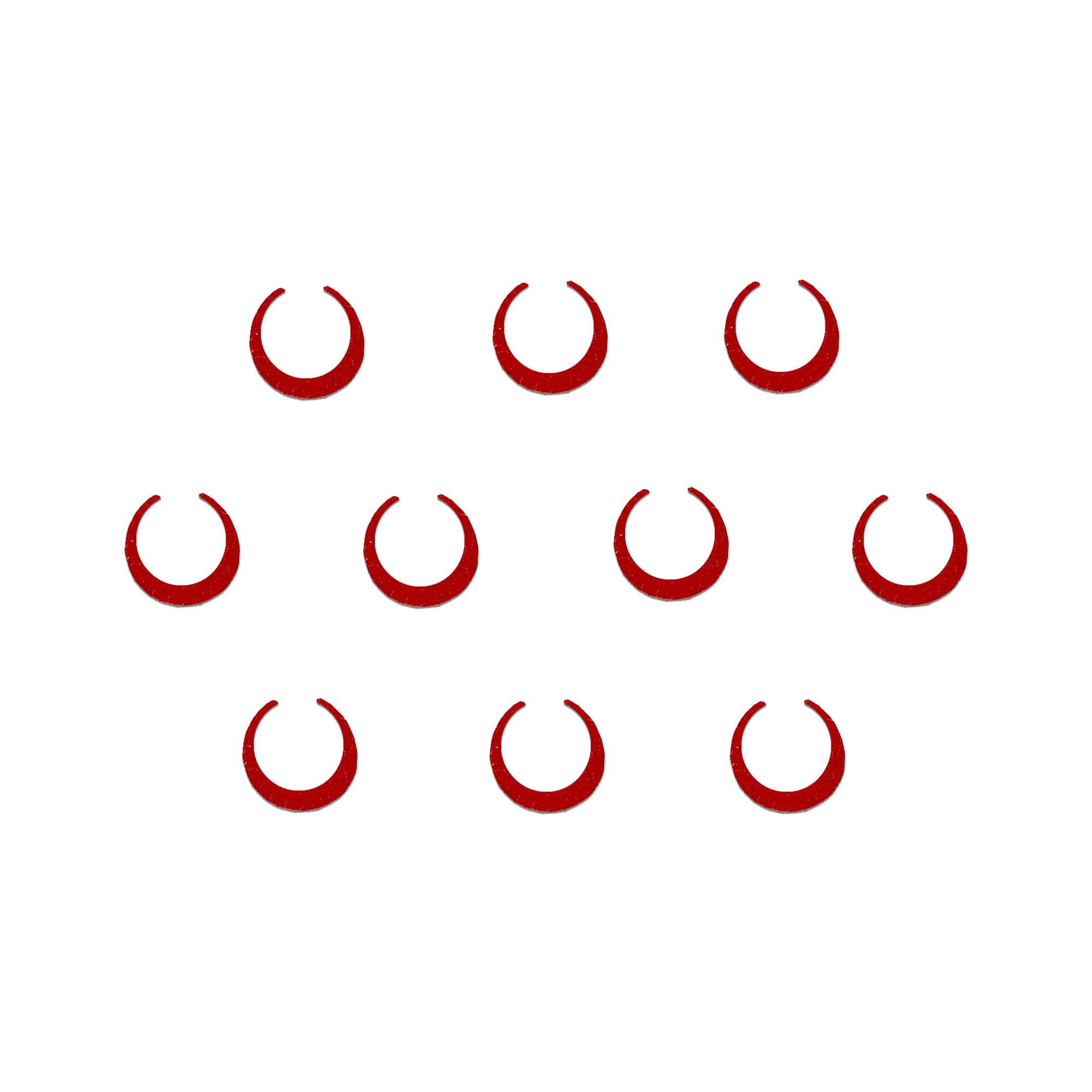 Comet Busters red crescent moon bindis in a traditional Chandra Tilak design.
